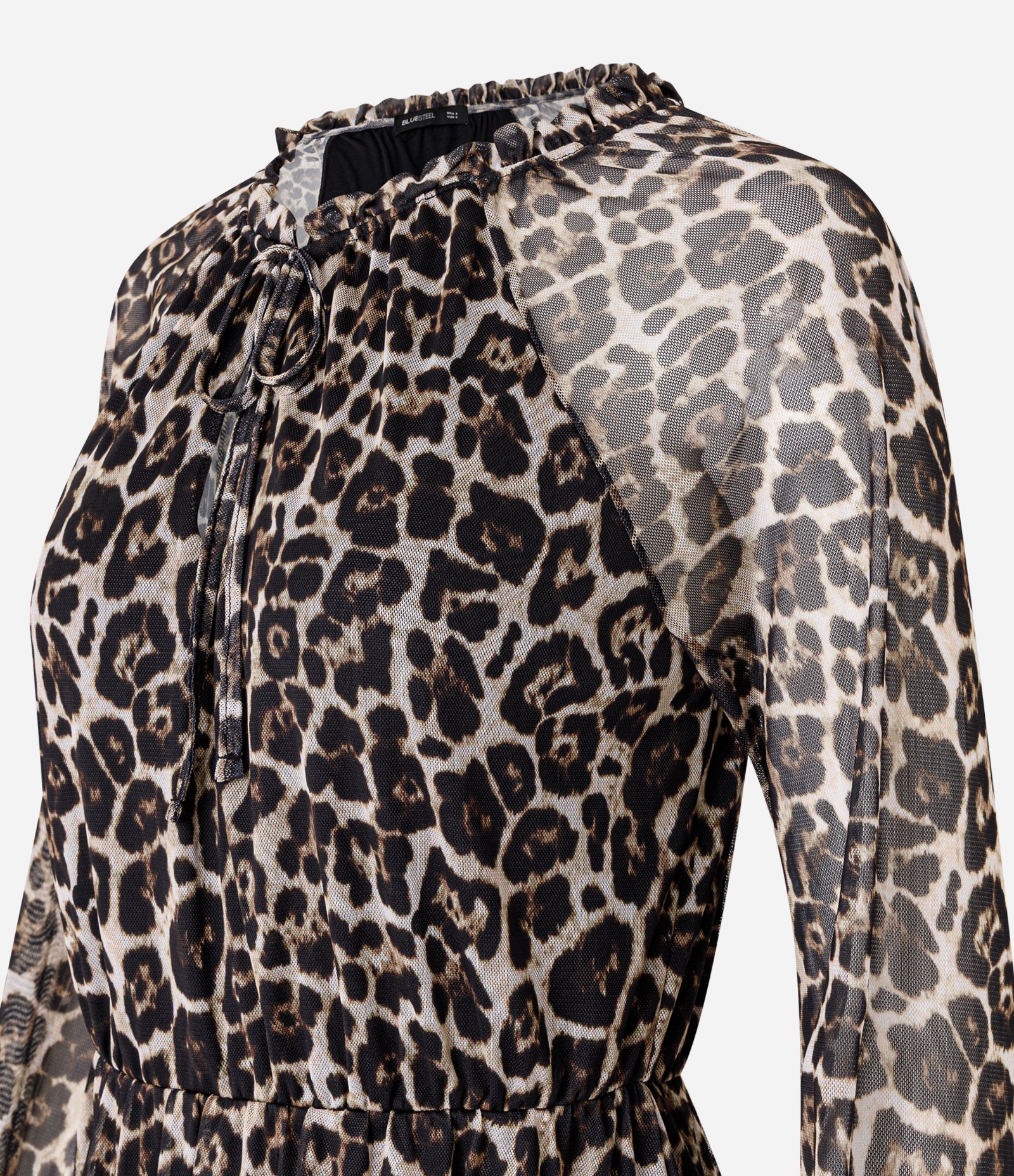 Vestido Curto em Tule com Estampa Anima Print e Babados Marrom 6