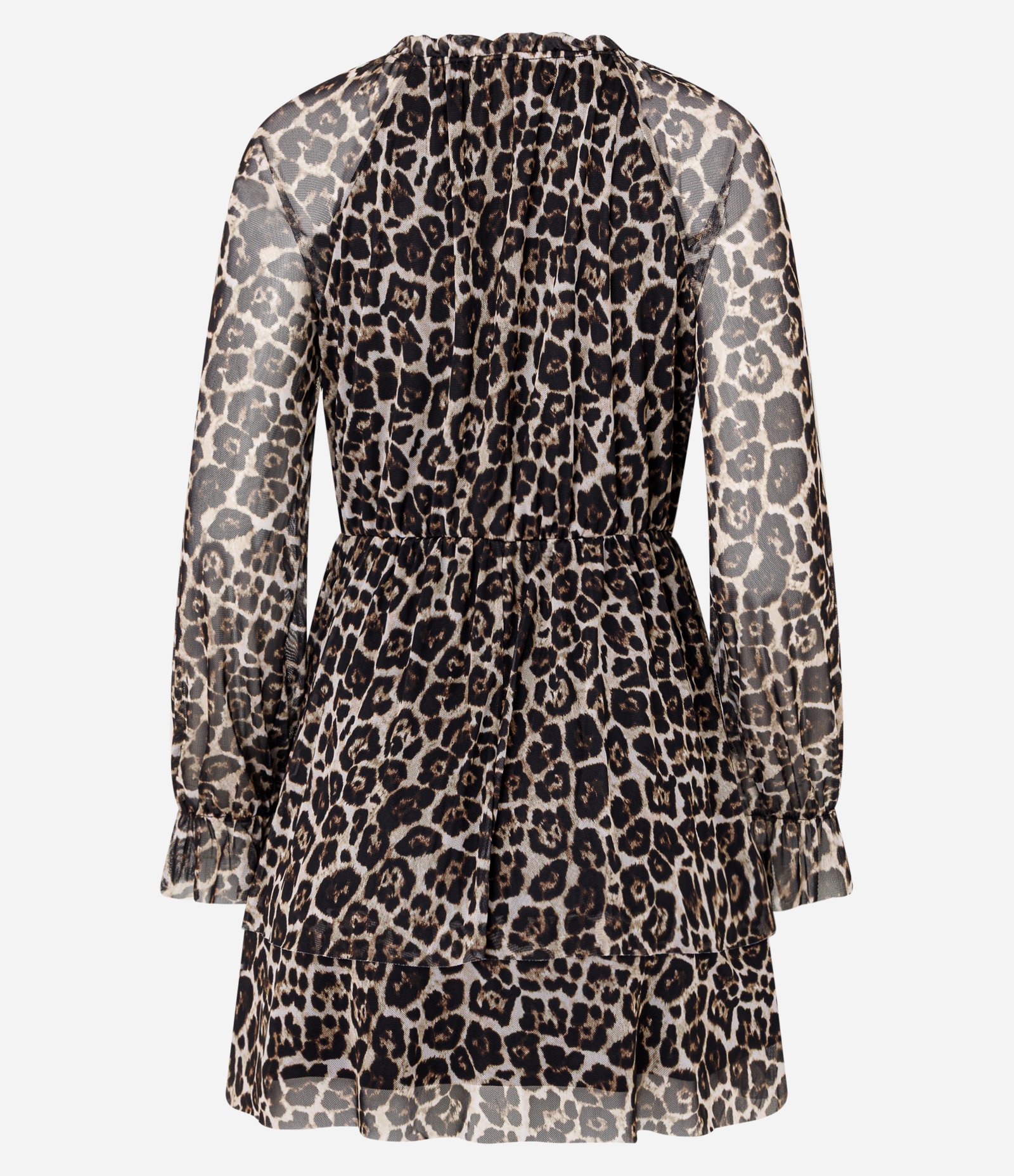 Vestido Curto em Tule com Estampa Anima Print e Babados Marrom 7