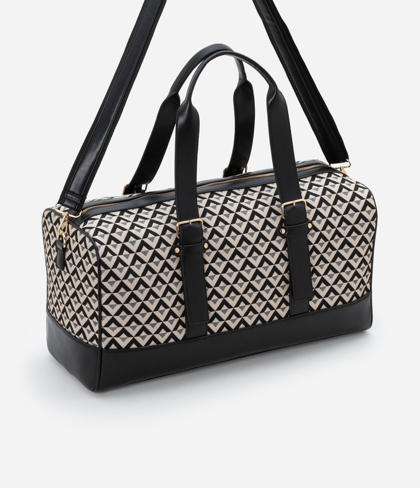 Bolsa Mala Grande com 02 Tipos de Alça e Estampa Triangular Preto/ Off White 1