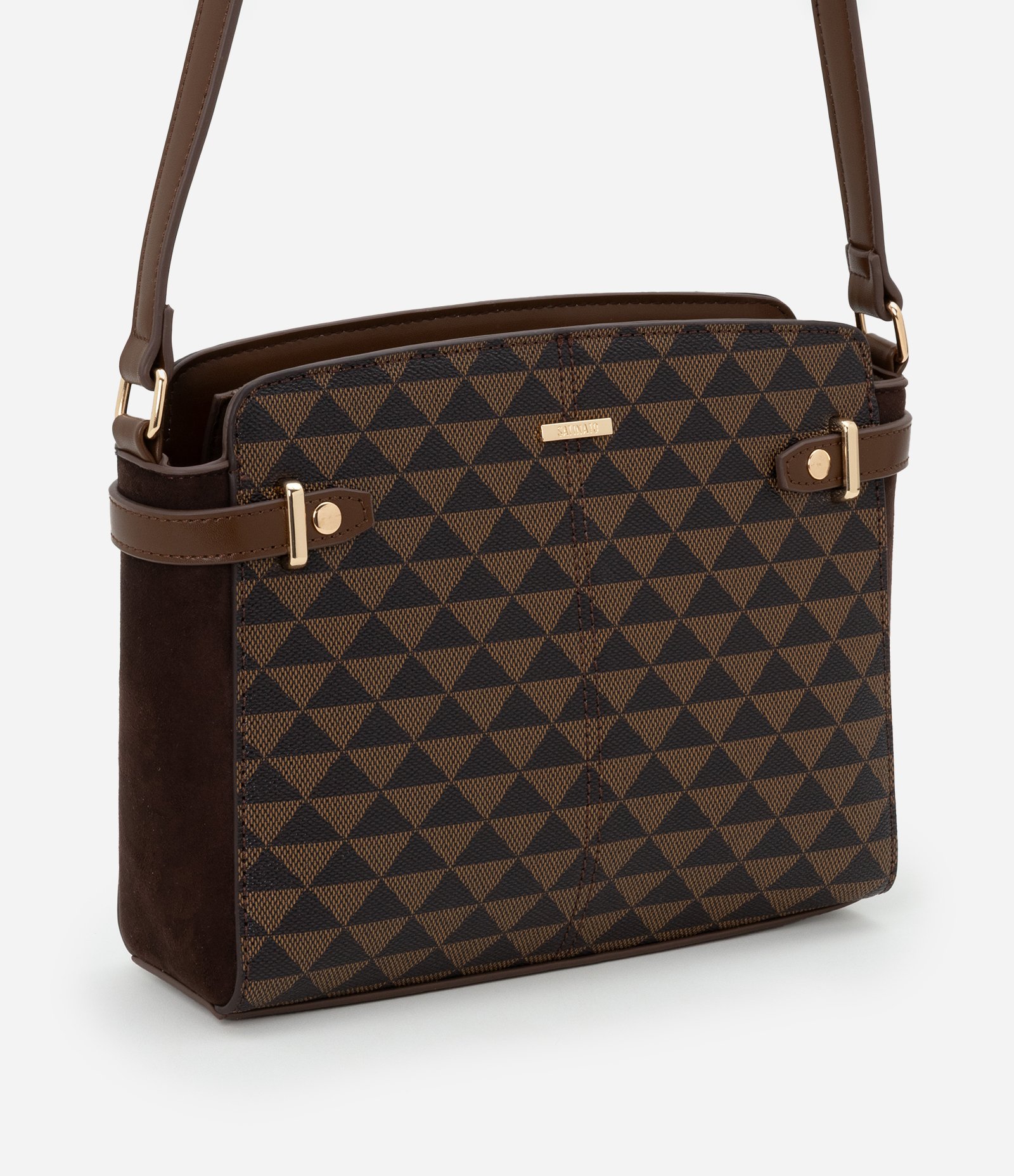 Bolsa Transversal Média com Costura Detalhes Laterais e Estampa Triângulo Marrom 1
