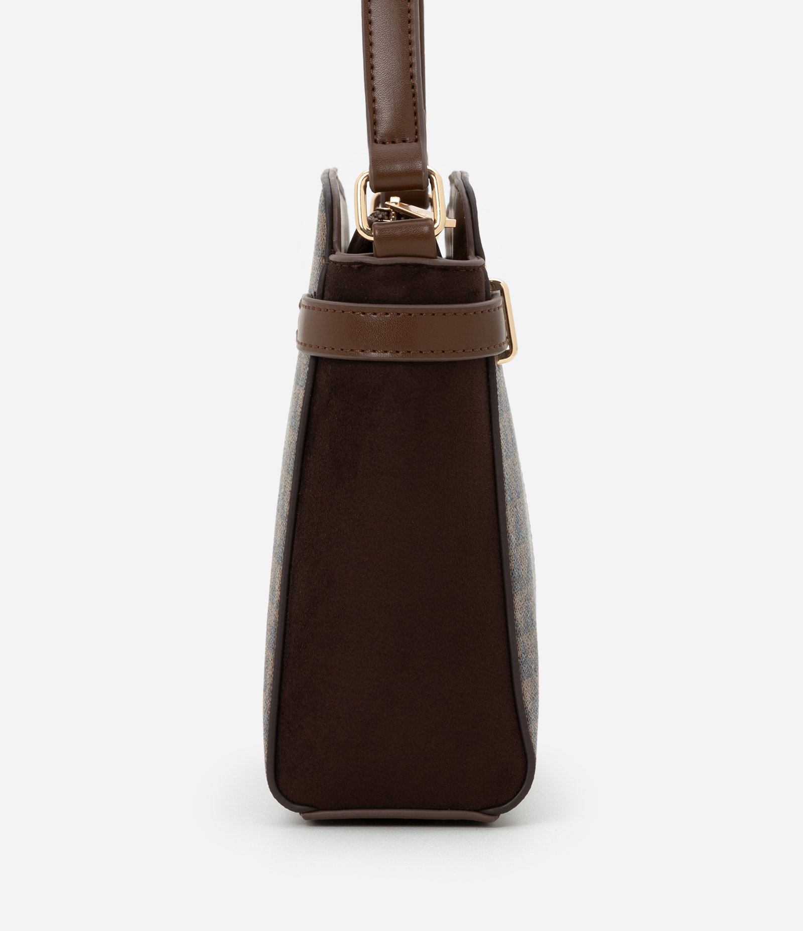 Bolsa Transversal Média com Costura Detalhes Laterais e Estampa Triângulo Marrom 2