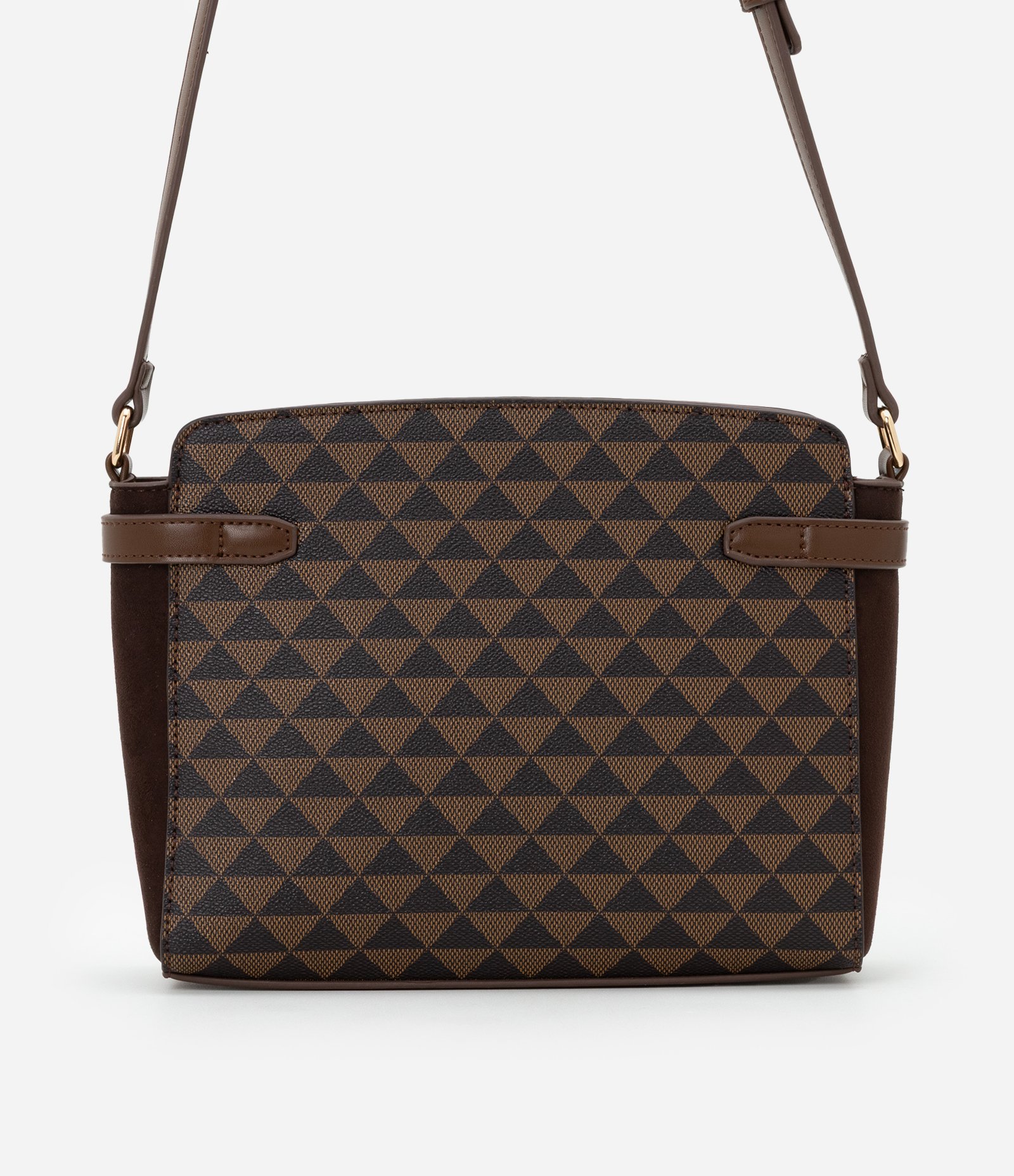 Bolsa Transversal Média com Costura Detalhes Laterais e Estampa Triângulo Marrom 3