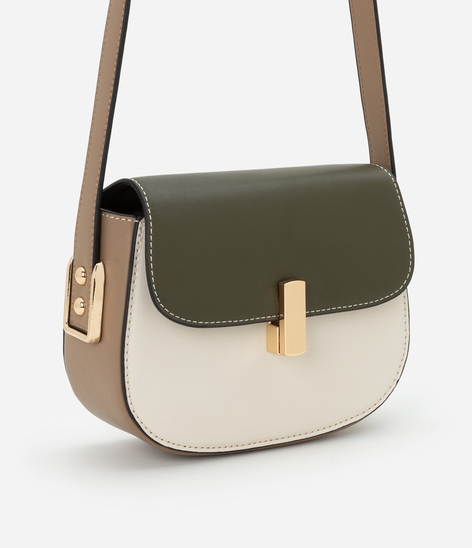 Bolsa Transversal Pequena com Tampa e Locker de Metal Bege/Verde/Marrom 2