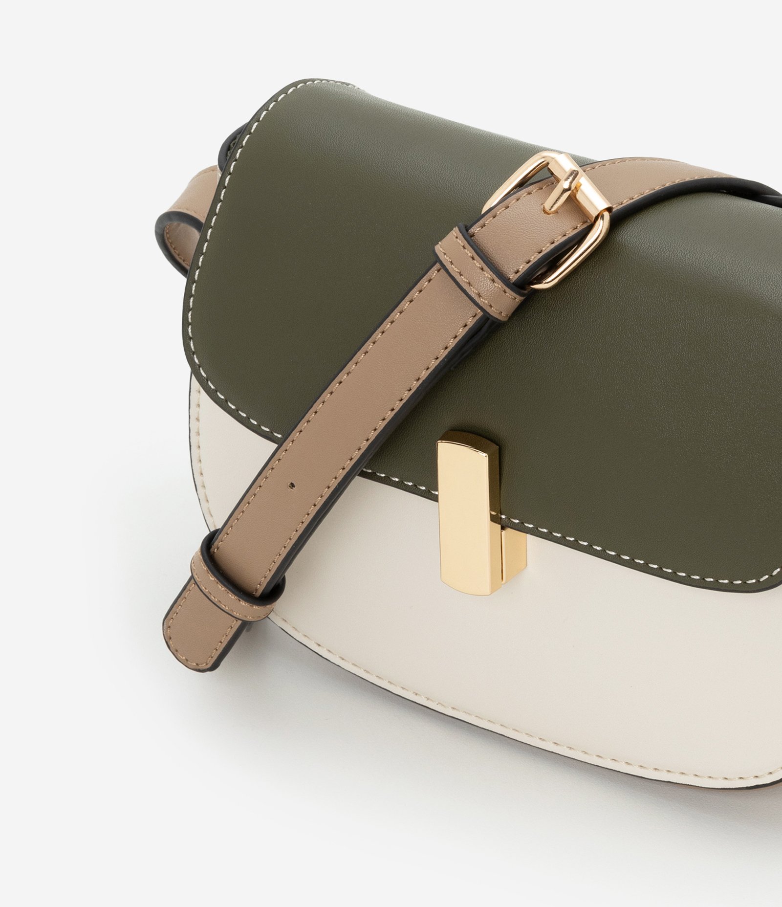 Bolsa Transversal Pequena com Tampa e Locker de Metal Bege/Verde/Marrom 5