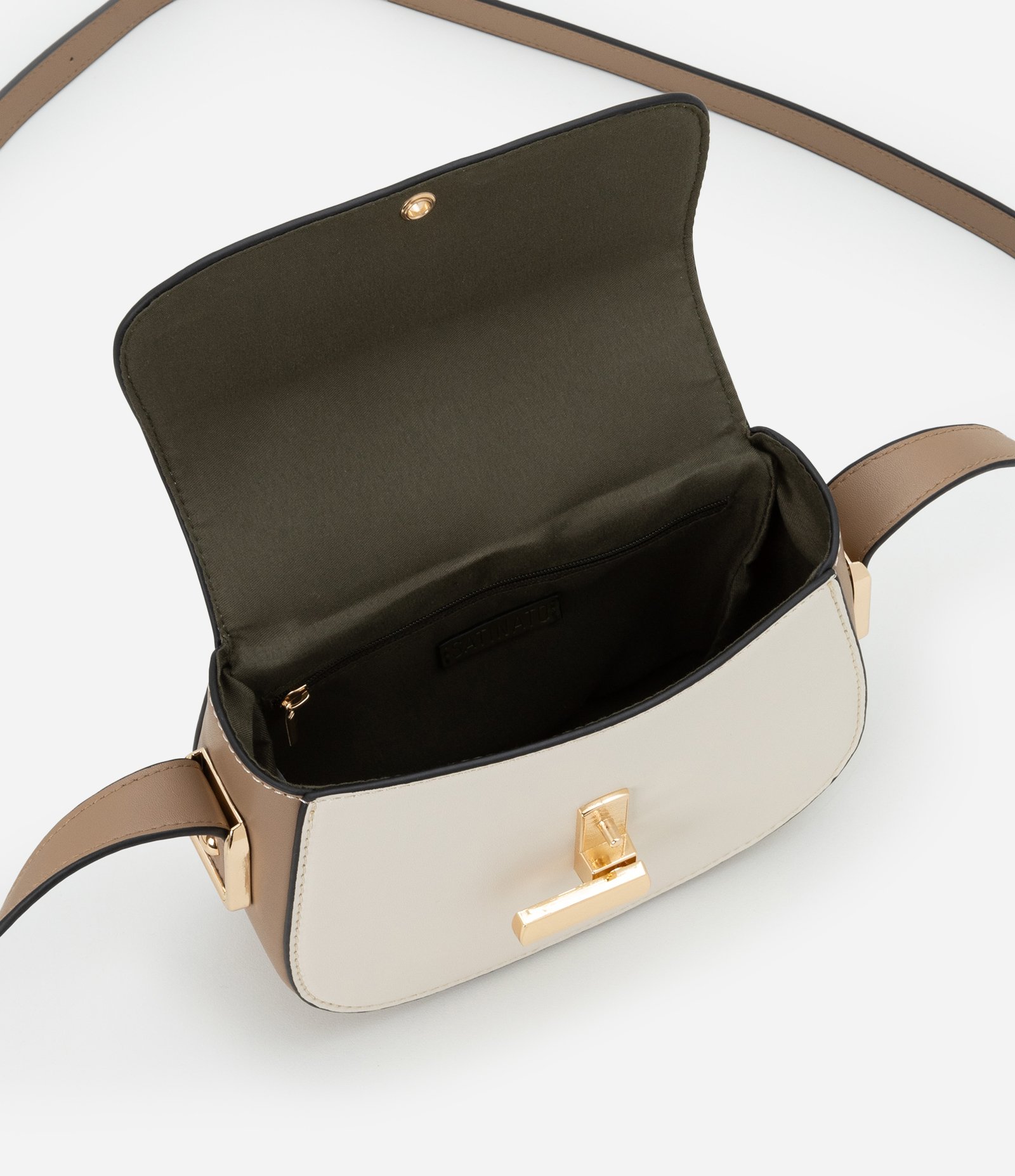 Bolsa Transversal Pequena com Tampa e Locker de Metal Bege/Verde/Marrom 6