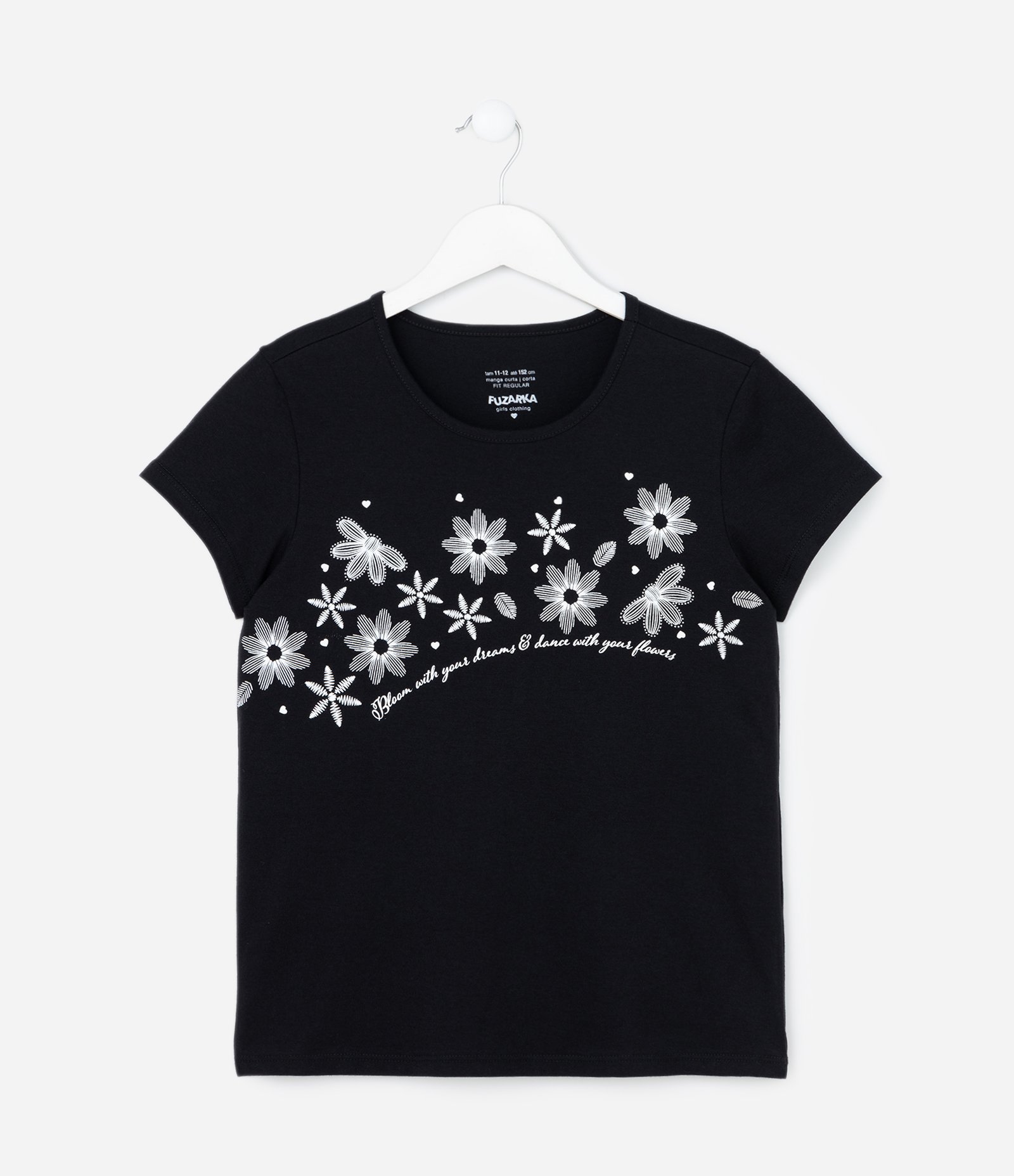 Camiseta Infantil com Estampa Floral - Tam 5 a 14 Anos Preto 1