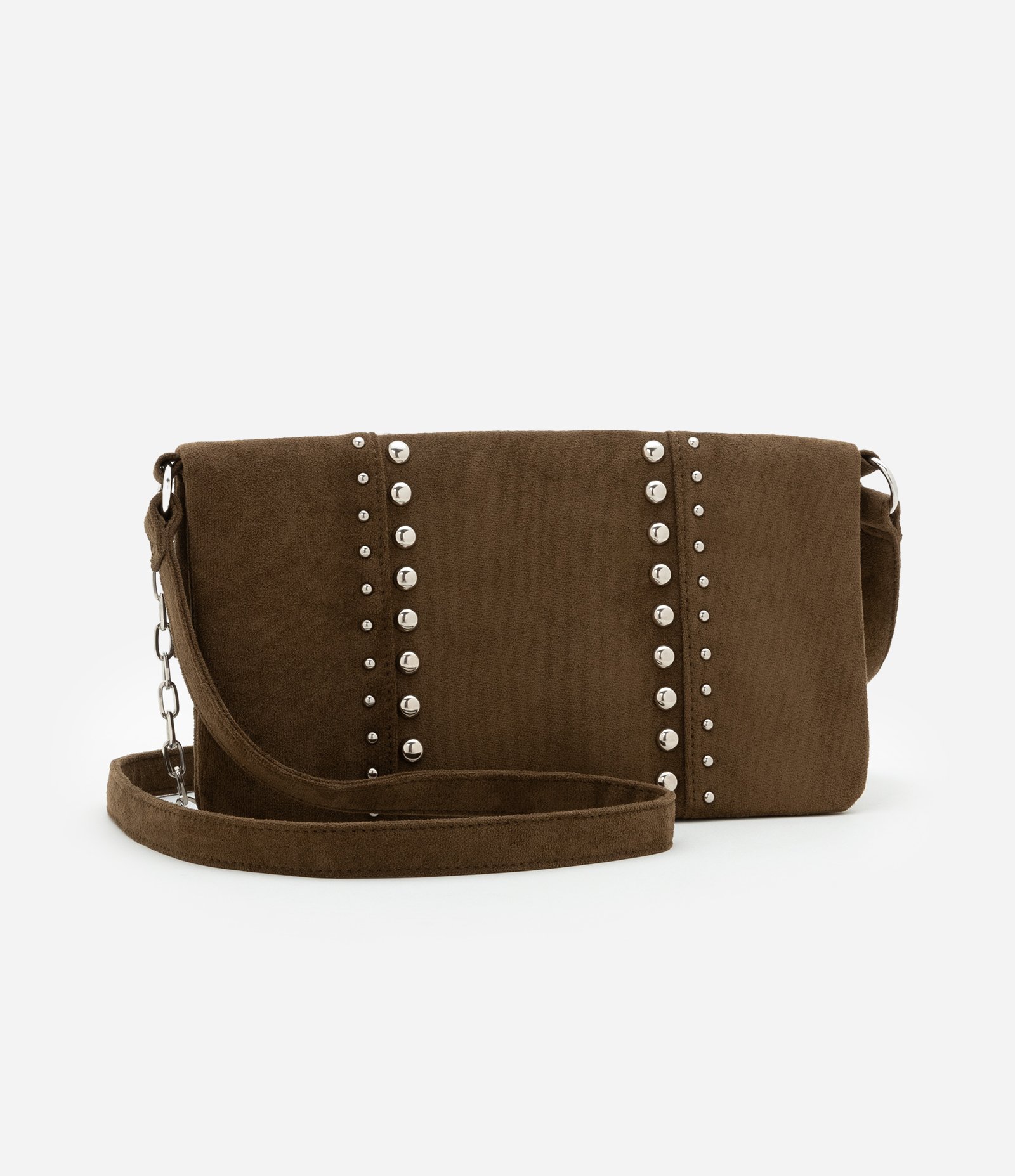 Bolsa Envelope Média com Alça Corrente e Tachinhas Aplicadas Marrom 3