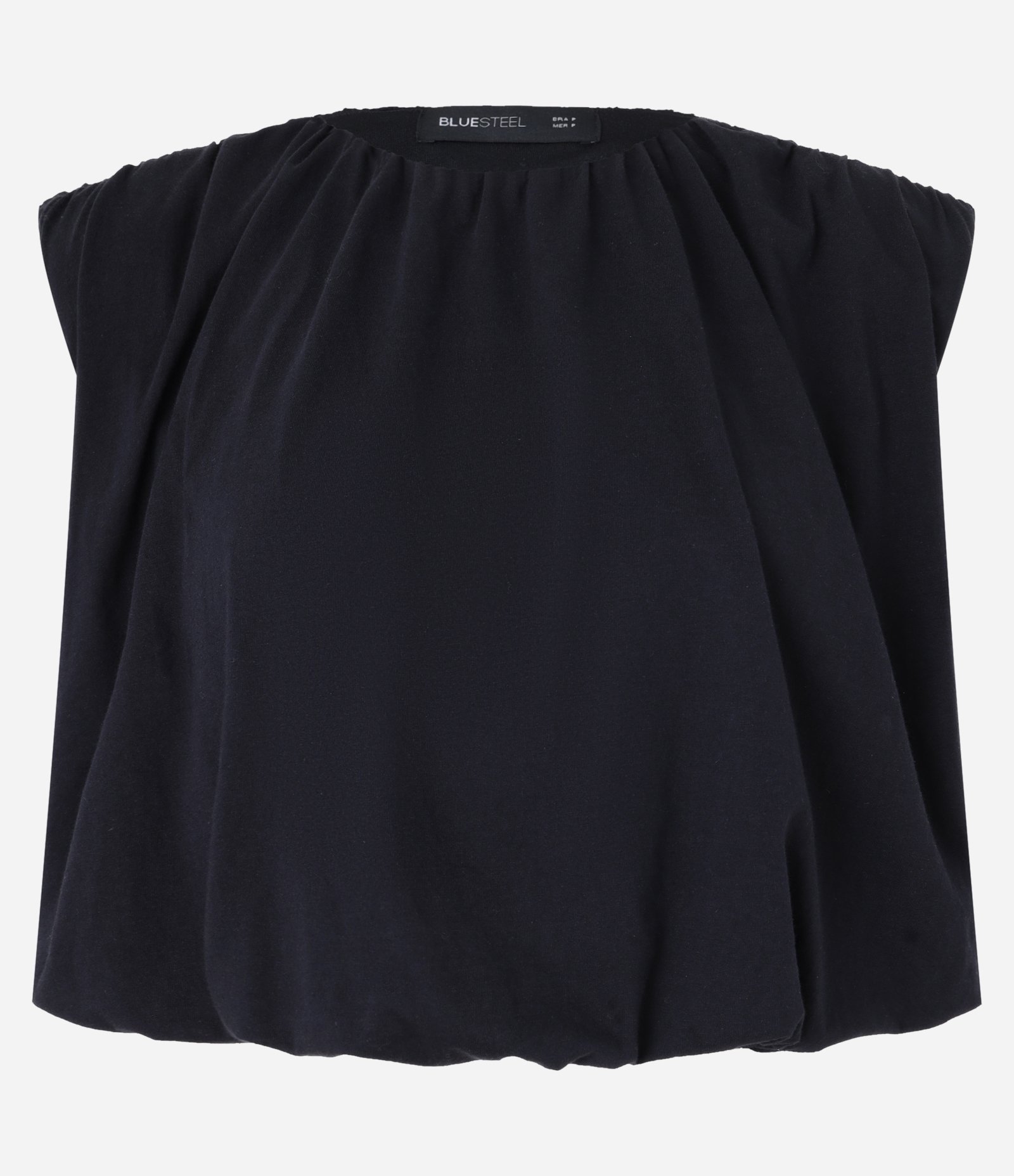 Blusa Cropped Balonê com Ombros Retos e Detalhes Drapeados Preto 5