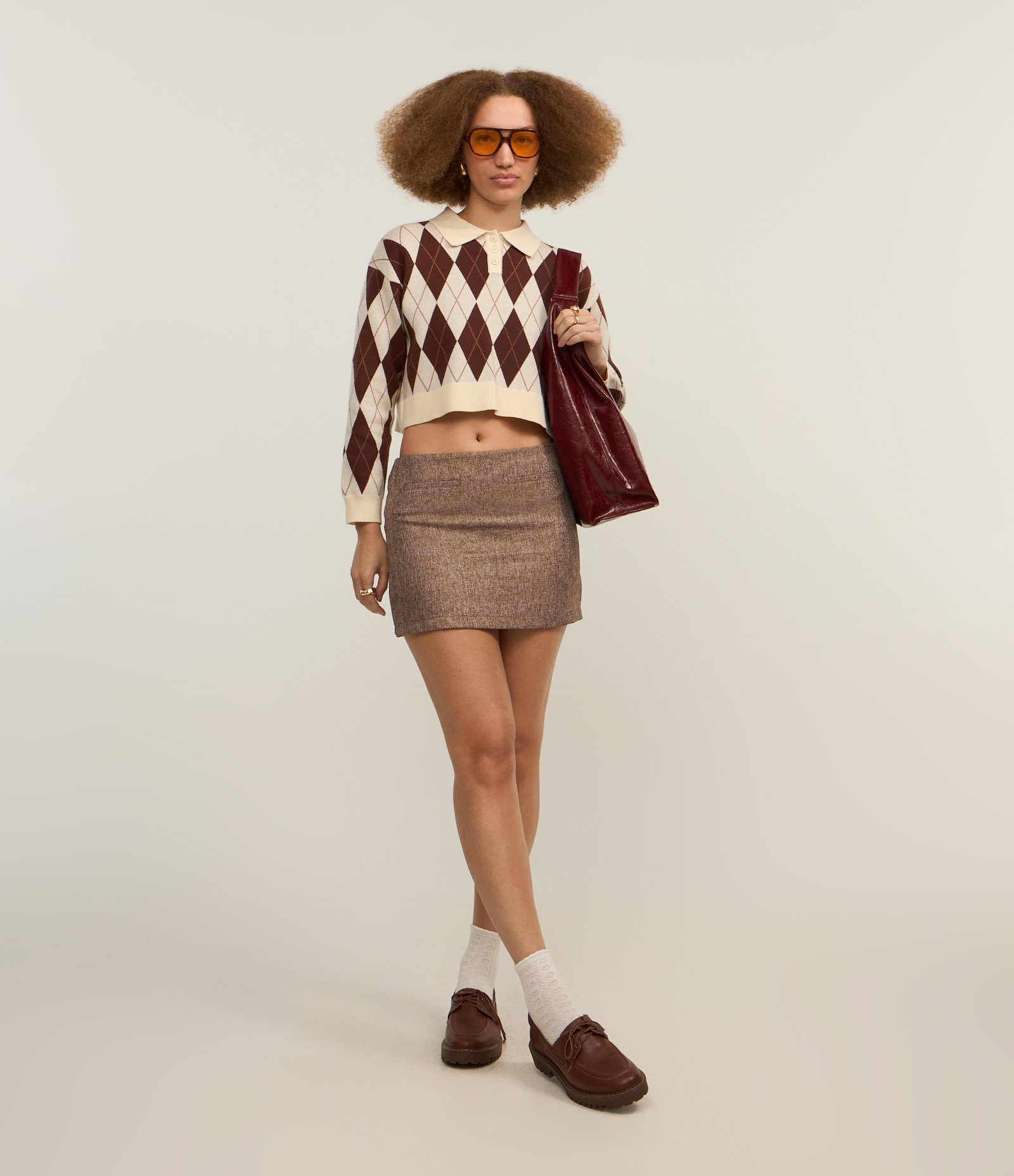 Saia Curta em Alfaiataria com Textura Marrom 1