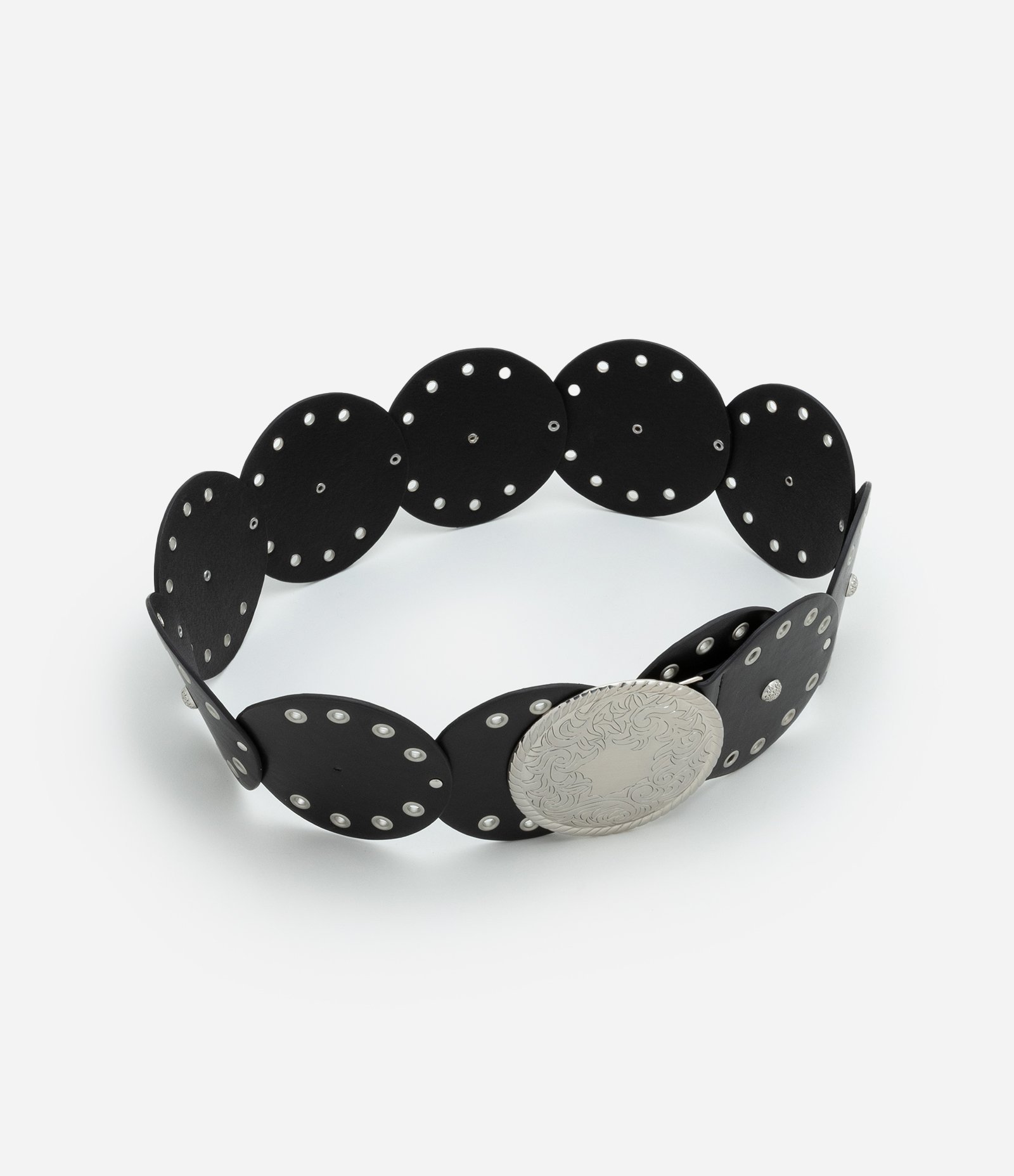 Cinto Largo de Discos e Tachas com Fivela de Níquel Escovado Preto 1