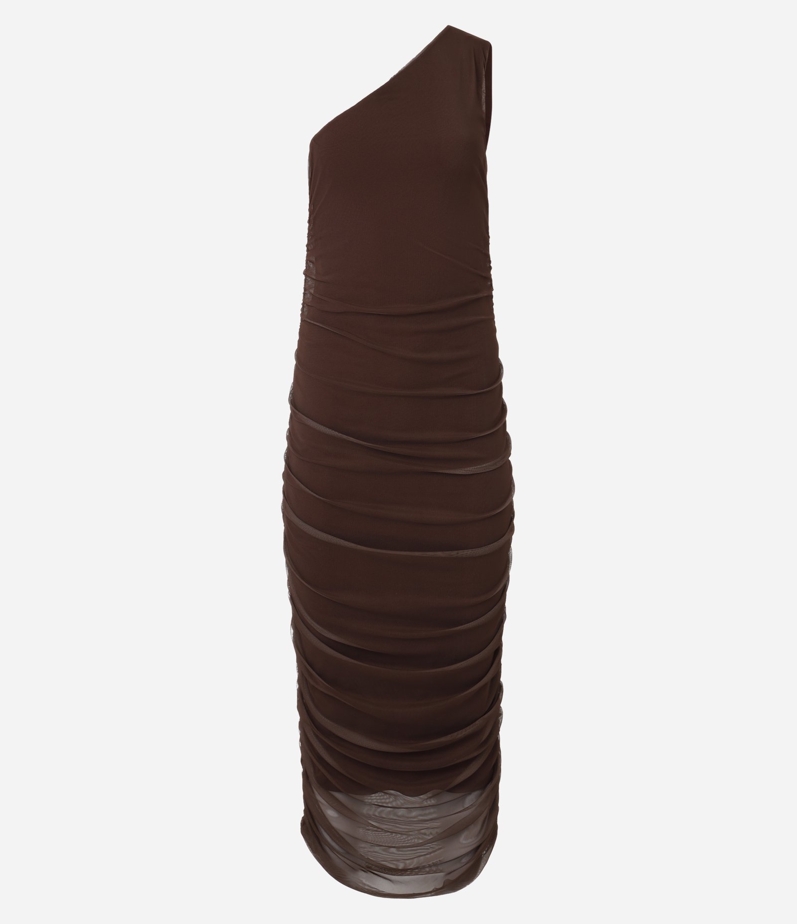 Vestido New Midi Ombro Só em Tule com Franzidos Marrom 5