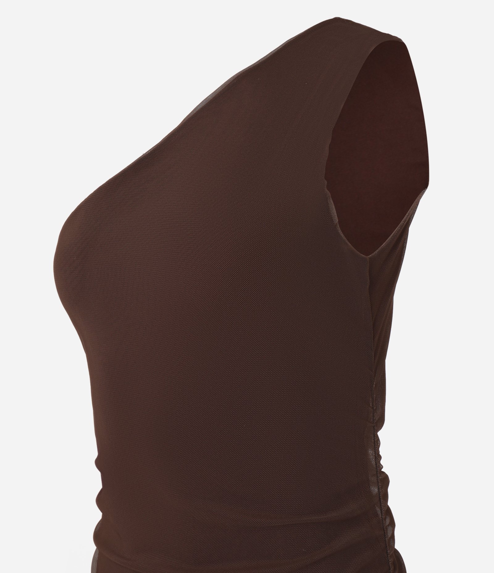 Vestido New Midi Ombro Só em Tule com Franzidos Marrom 6