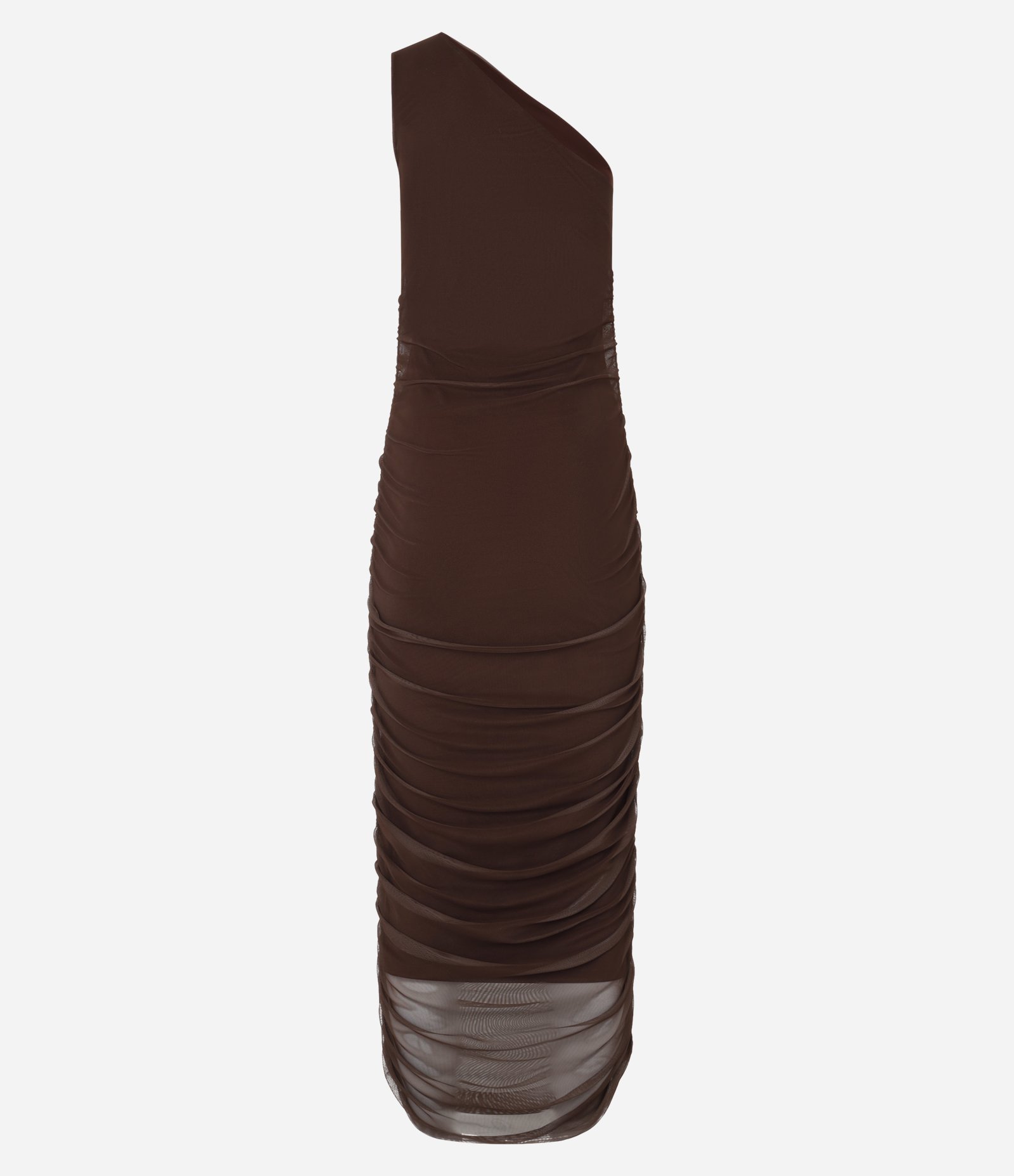 Vestido New Midi Ombro Só em Tule com Franzidos Marrom 7