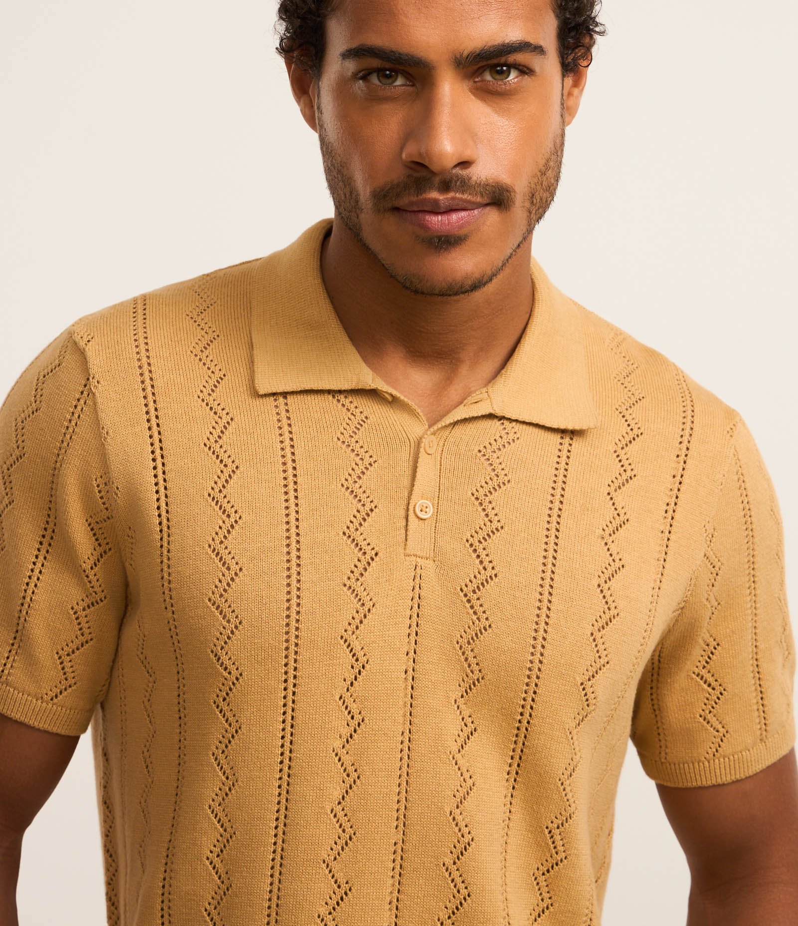Camisa Polo em Algodão com Textura Zig Zag Caramelo 4