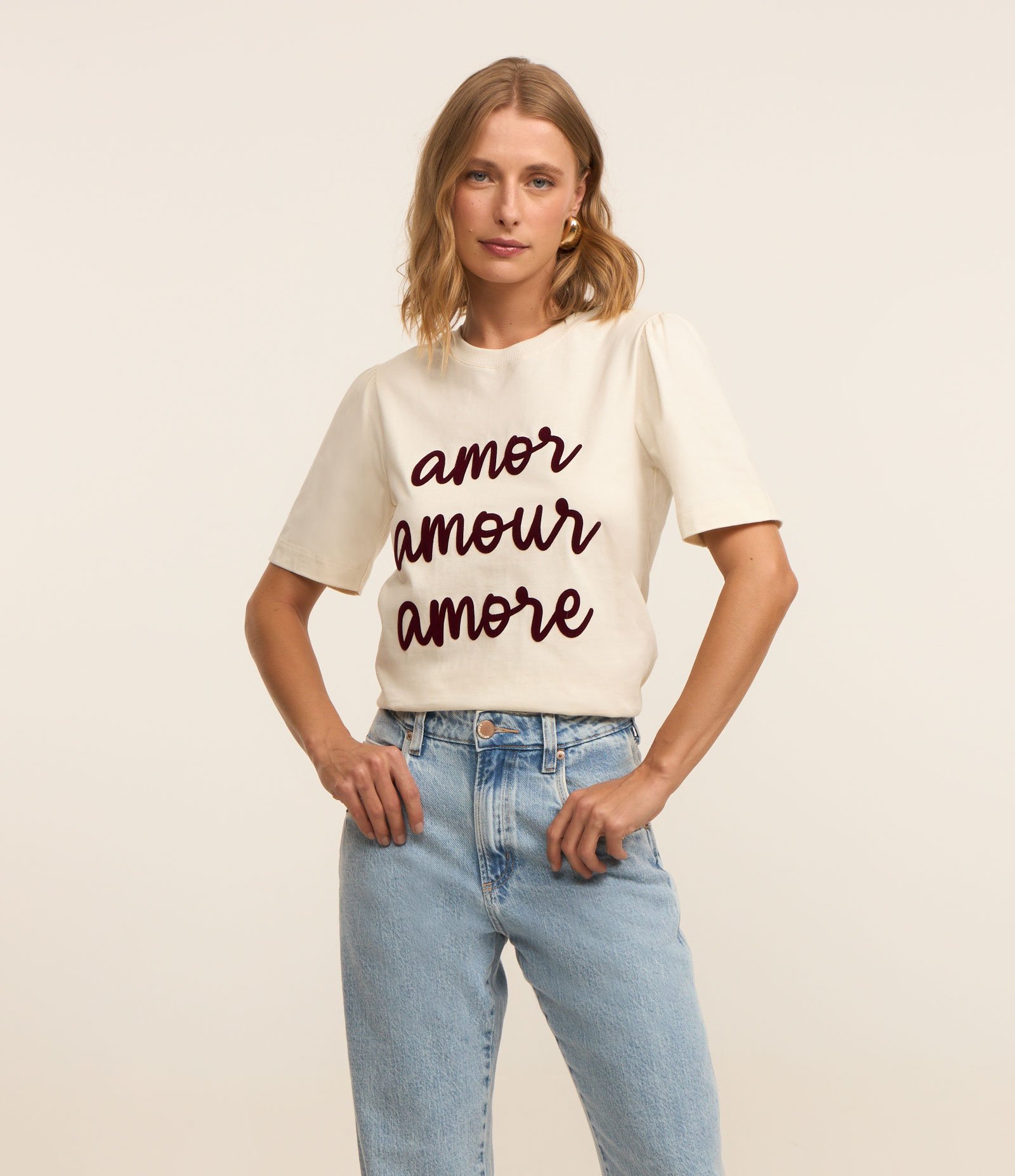 Camiseta Slim com Estampa Amor Amour Amore Branco 2