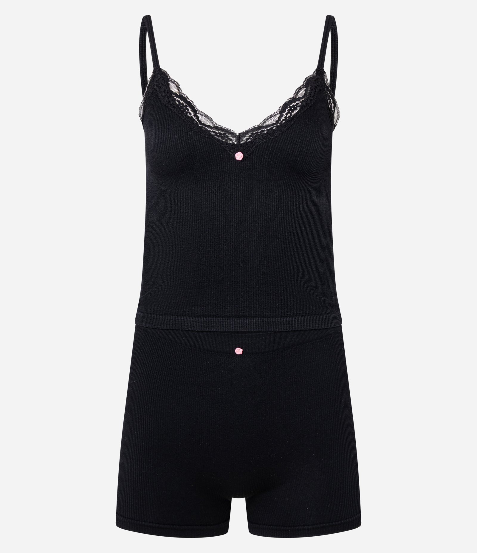 Pijama Short Doll em Poliamida Seamless com Rendinha no Decote Preto 4