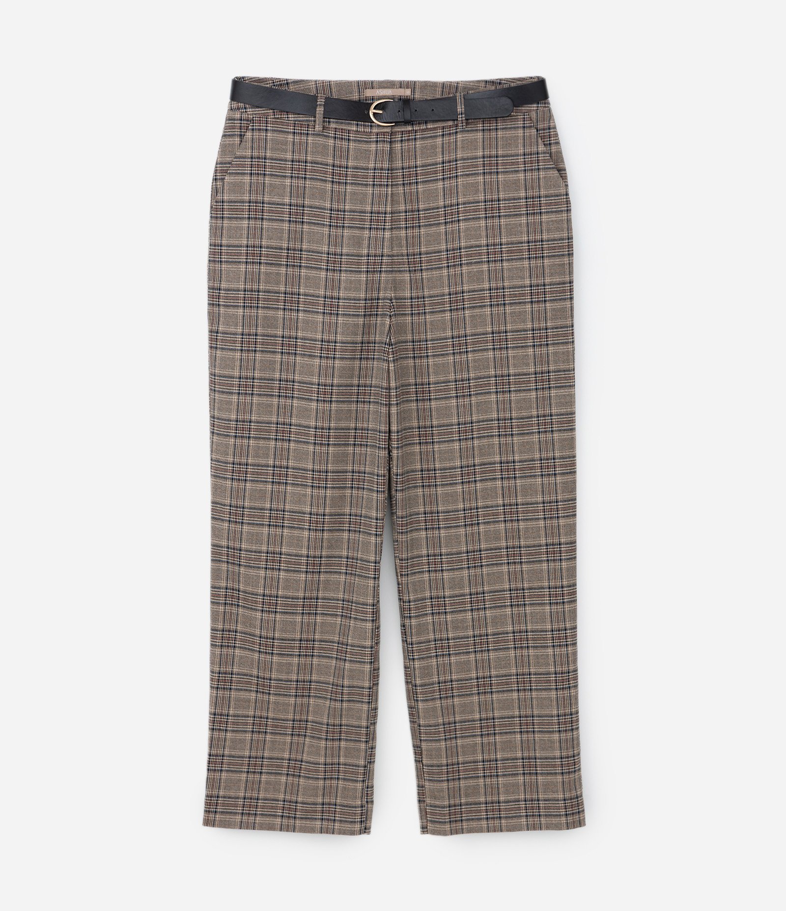 Calça Reta Alfaiataria Xadrez com Cinto Curve & Plus Size Marrom/Cinza 6