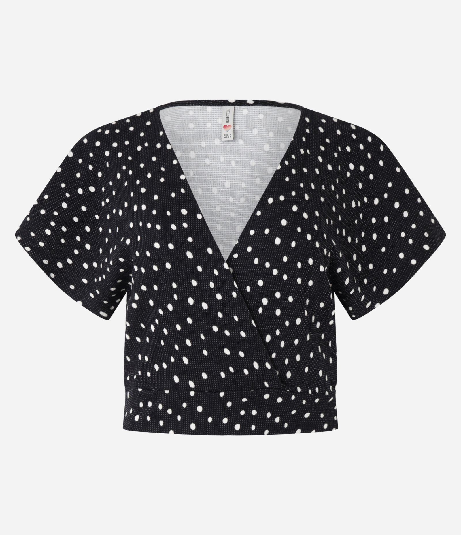 Blusa Curta Texturizada com Decote Transpassado e Estampa Poá Preto 1
