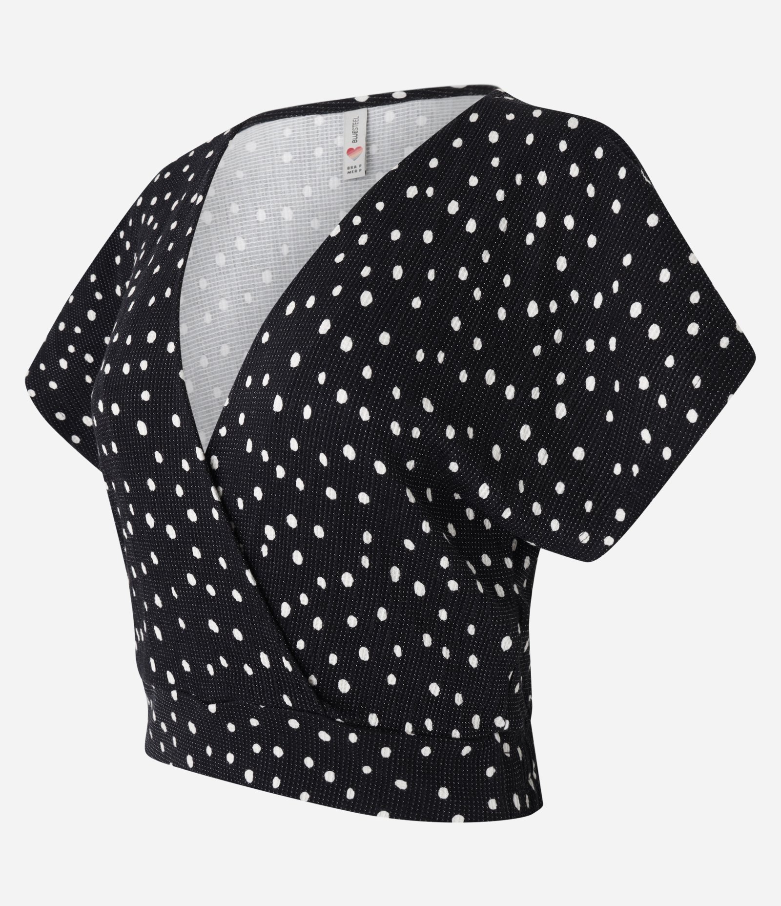 Blusa Curta Texturizada com Decote Transpassado e Estampa Poá Preto 2