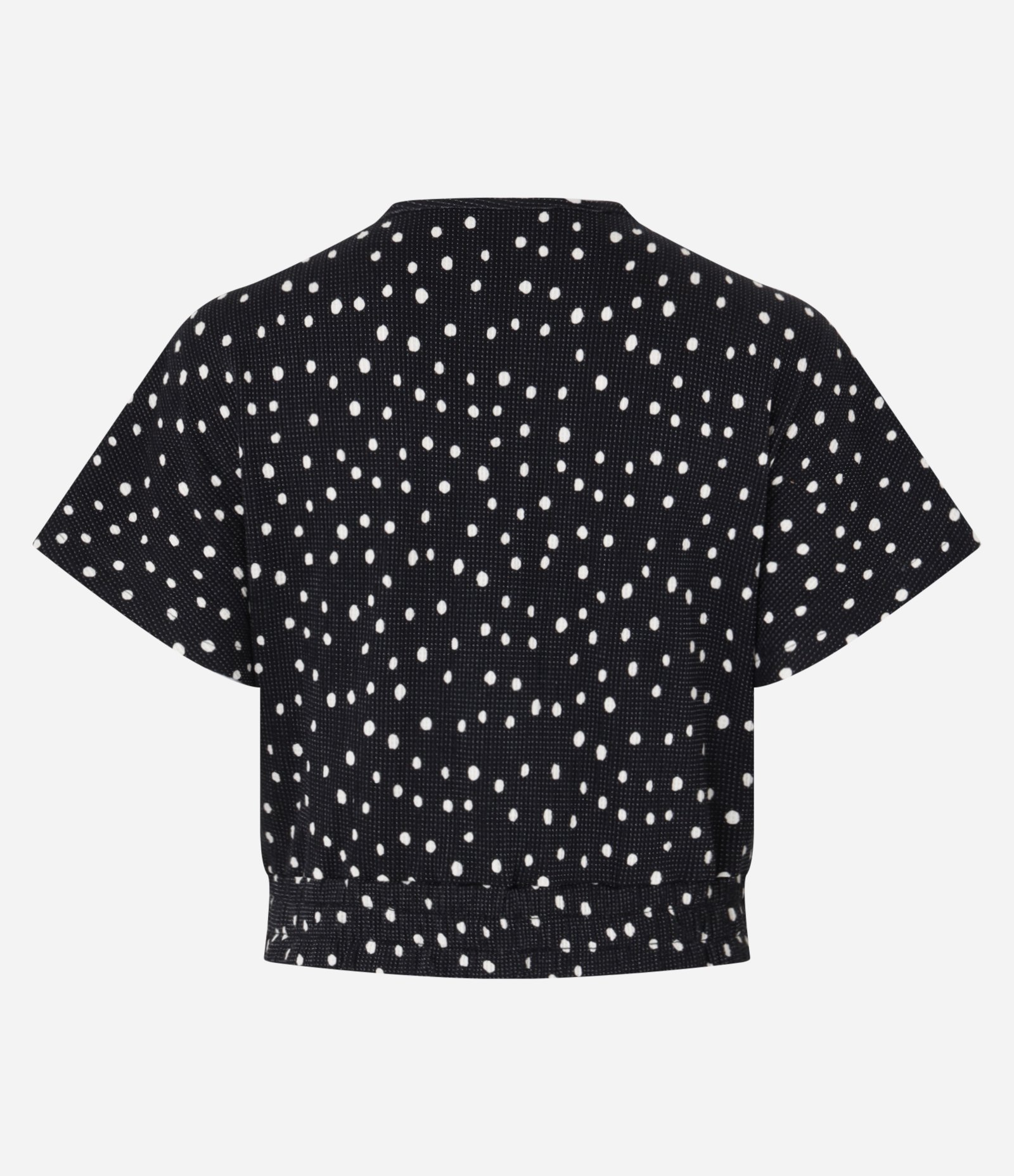 Blusa Curta Texturizada com Decote Transpassado e Estampa Poá Preto 3