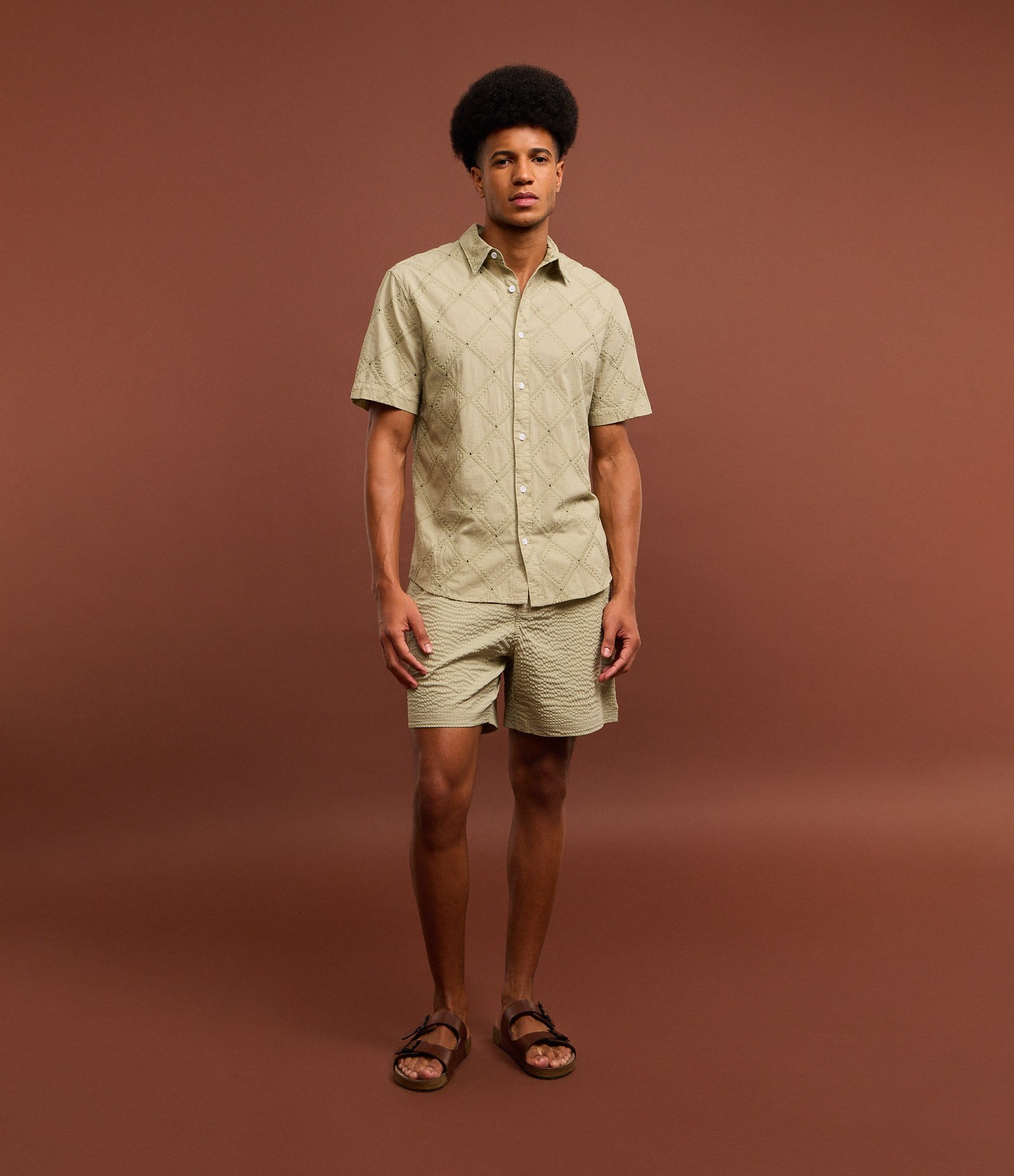 Camisa Comfort em Algodão com Textura em Losango Verde 2