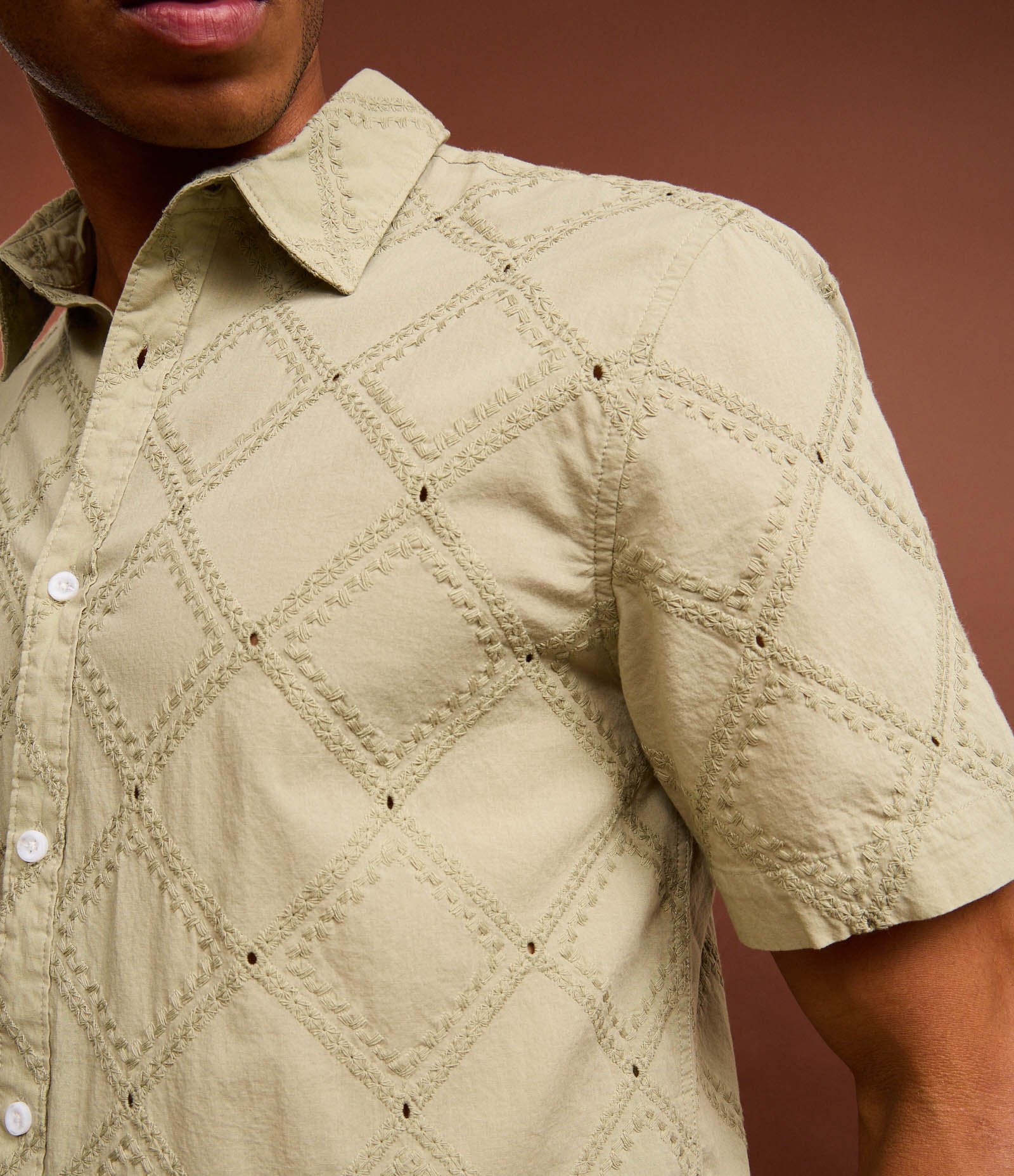 Camisa Comfort em Algodão com Textura em Losango Verde 3