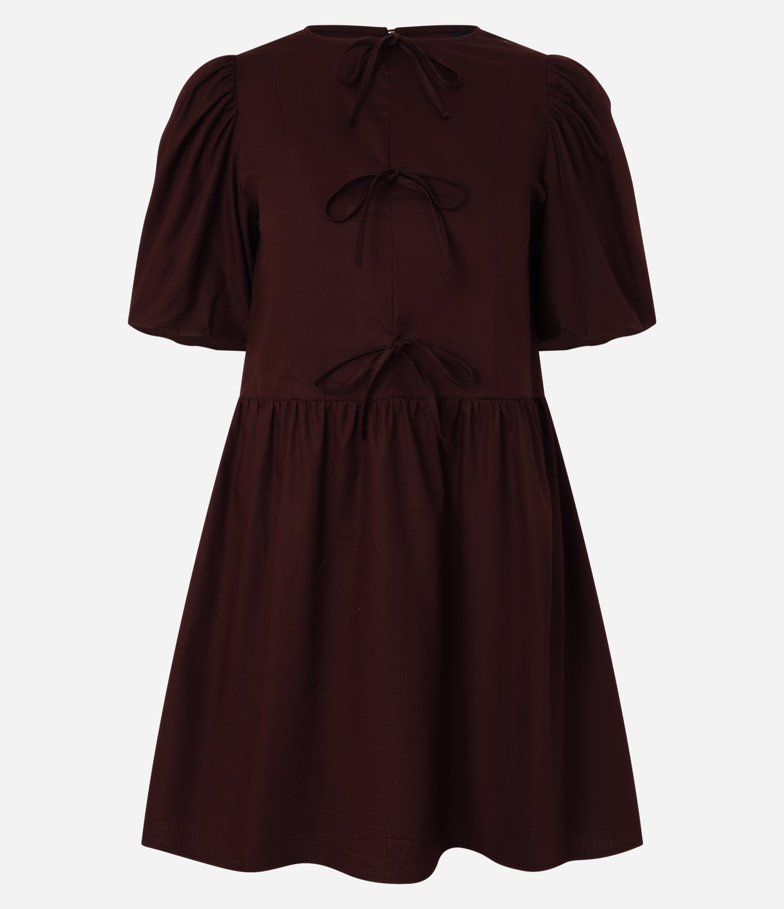 Vestido em Tricoline com Mangas Bufantes e Lacinhos Vinho 5