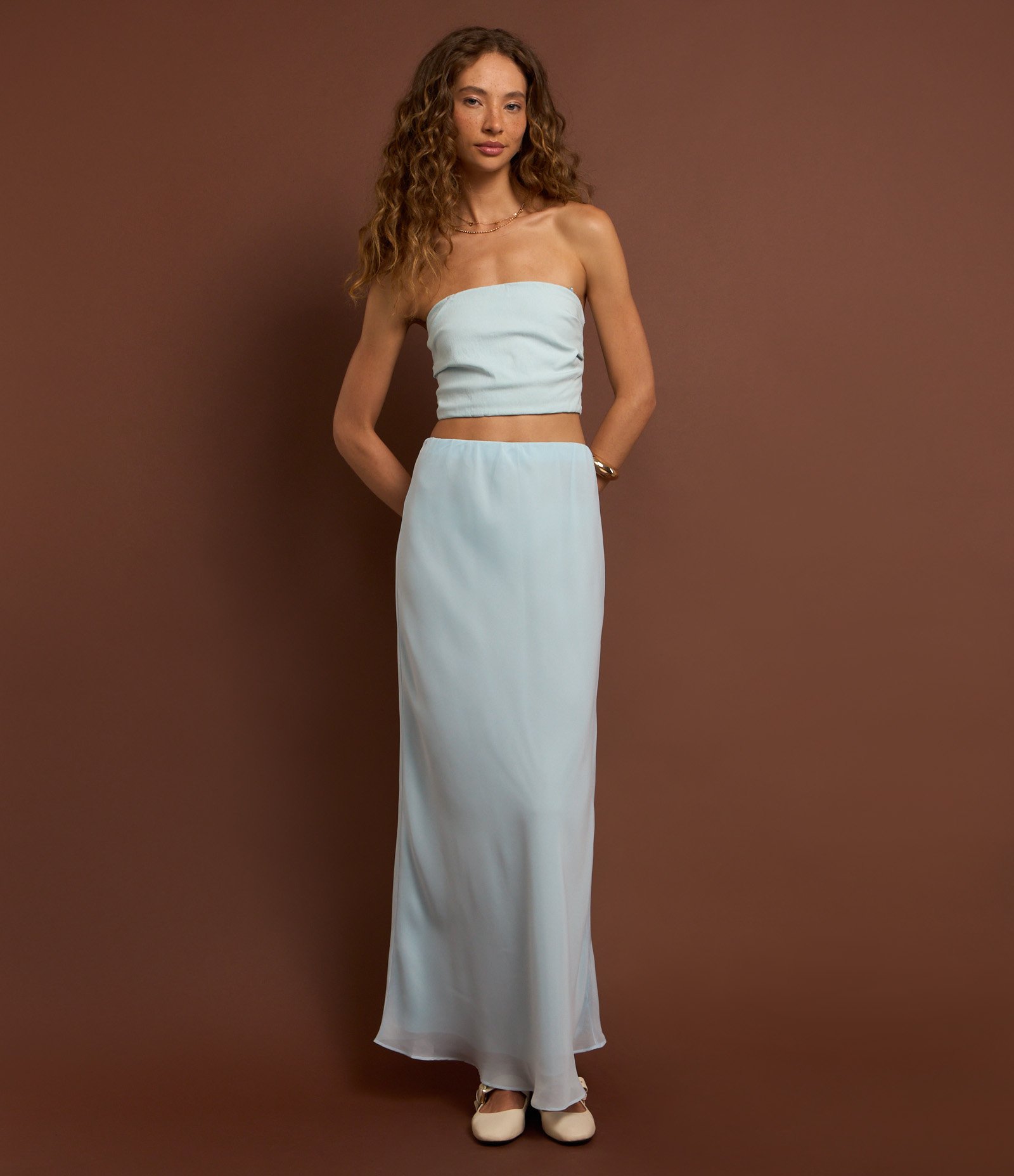 Saia Long Midi em Chiffon Reta Azul 5