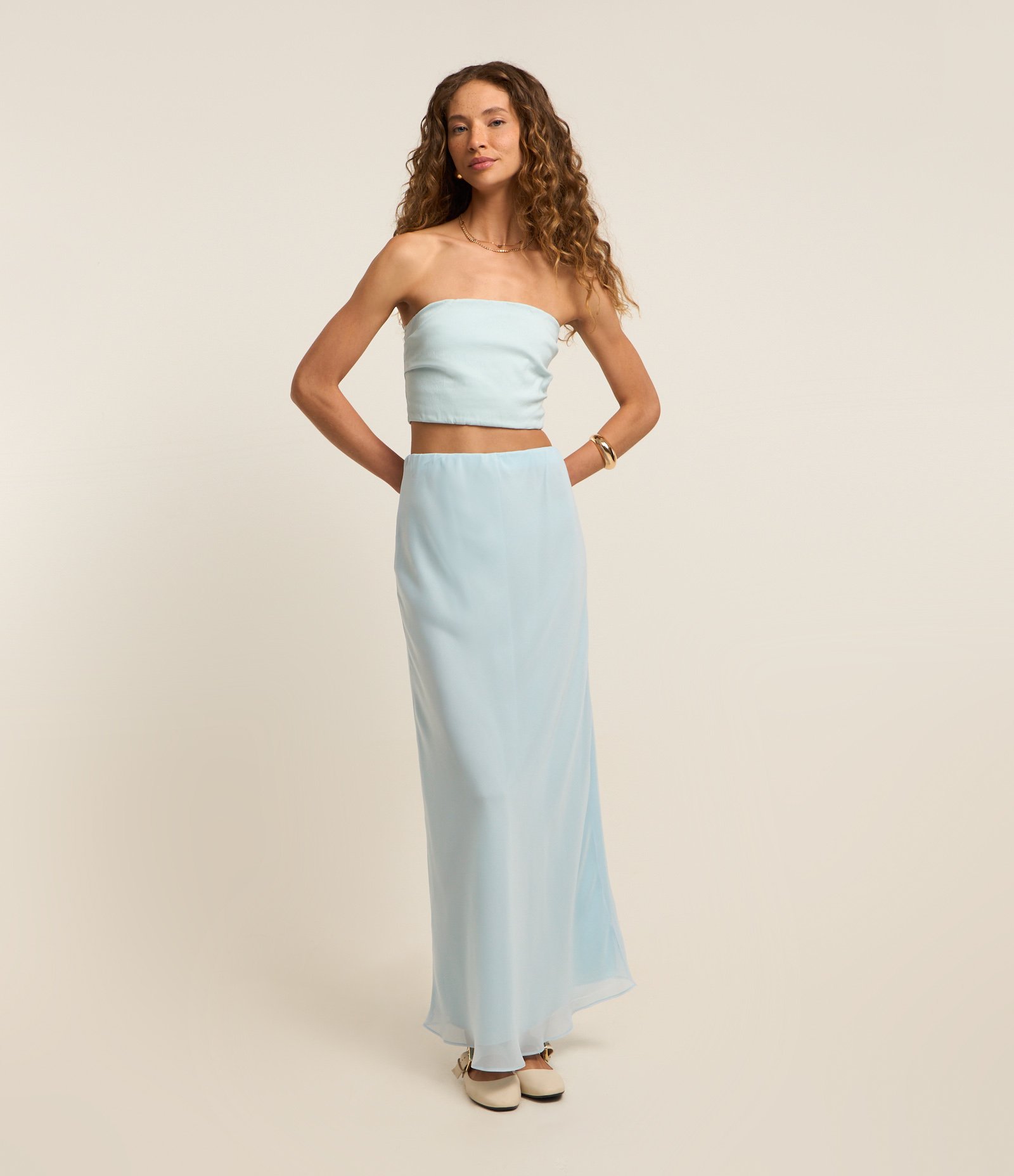 Saia Long Midi em Chiffon Reta Azul 1