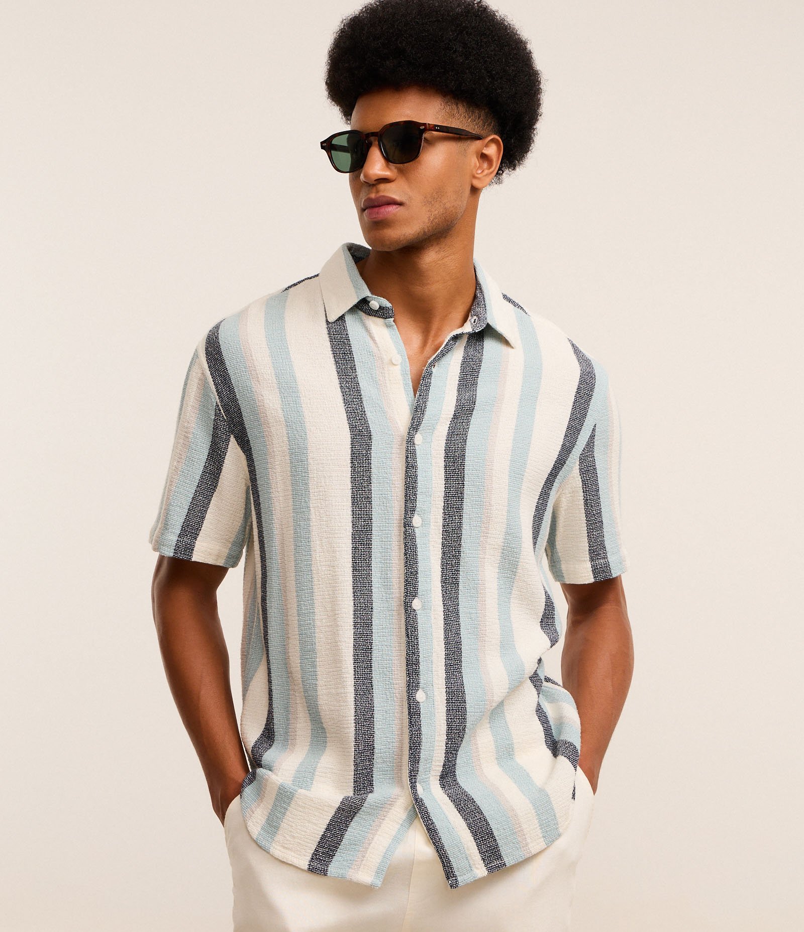 Camisa em Algodão Texturizada com Listras Azul 1