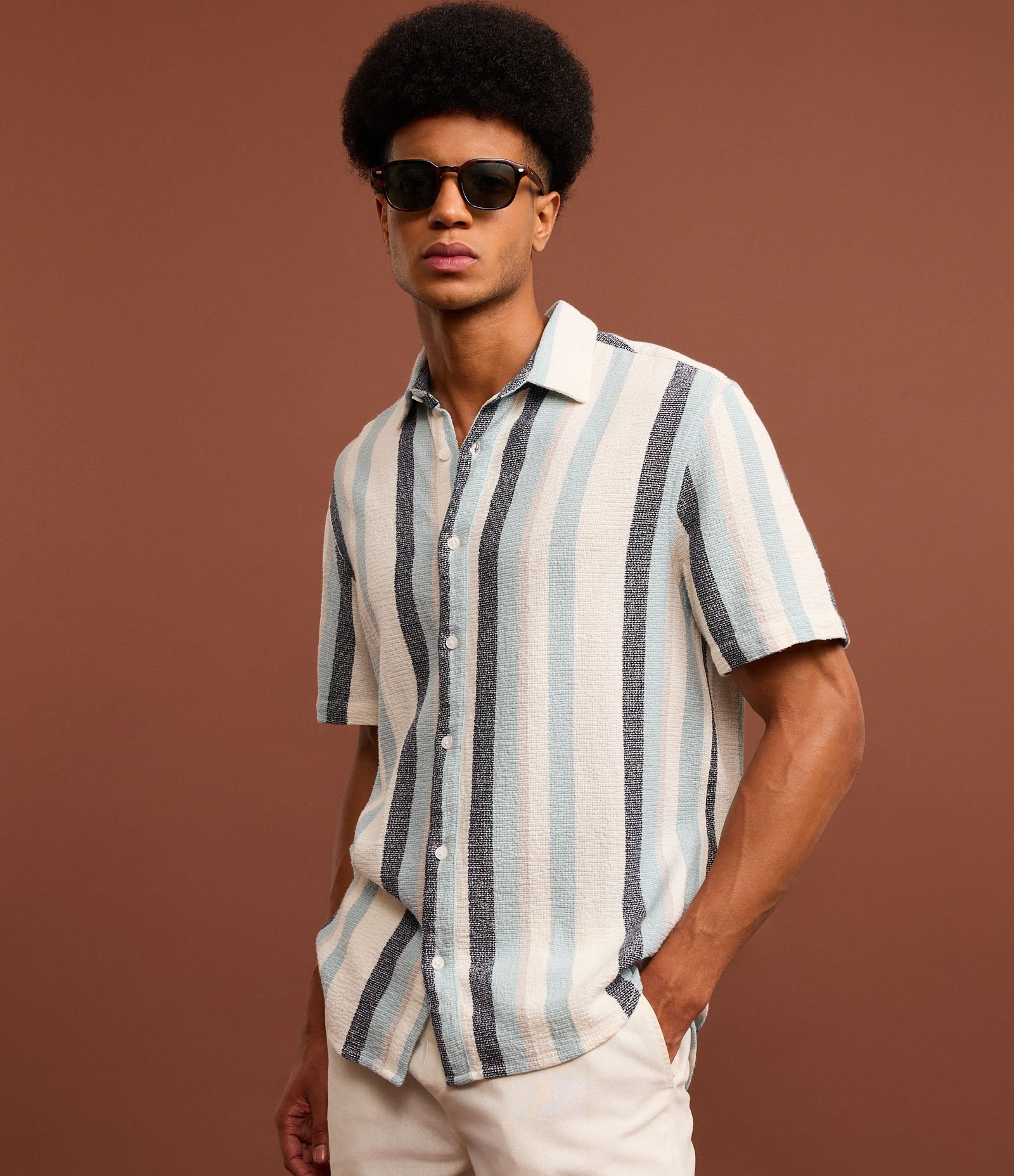 Camisa em Algodão Texturizada com Listras Azul 5