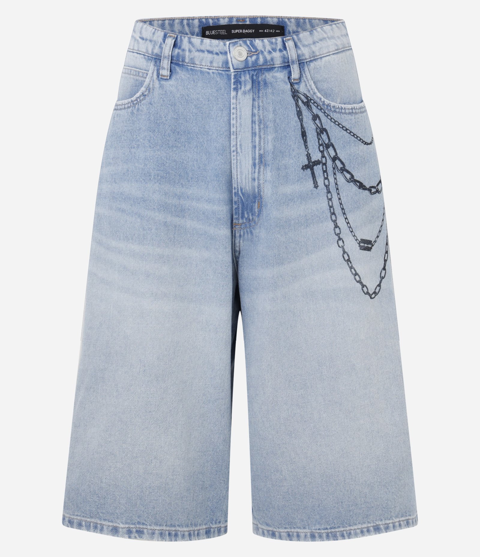 Bermuda Jorts Super Baggy em Jeans com Estampa Cordão e Puídos Azul 6