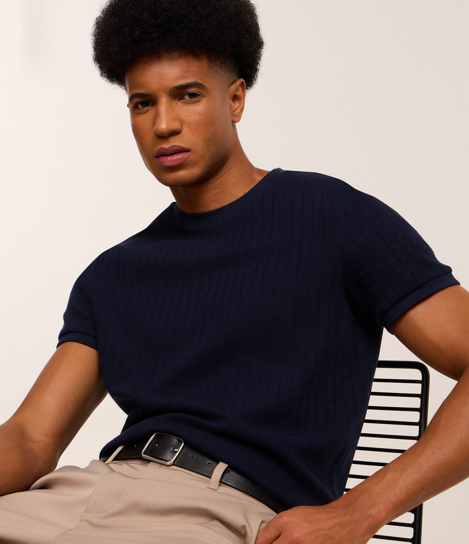 Camiseta Slim em Algodão com Textura Canelada Azul 1