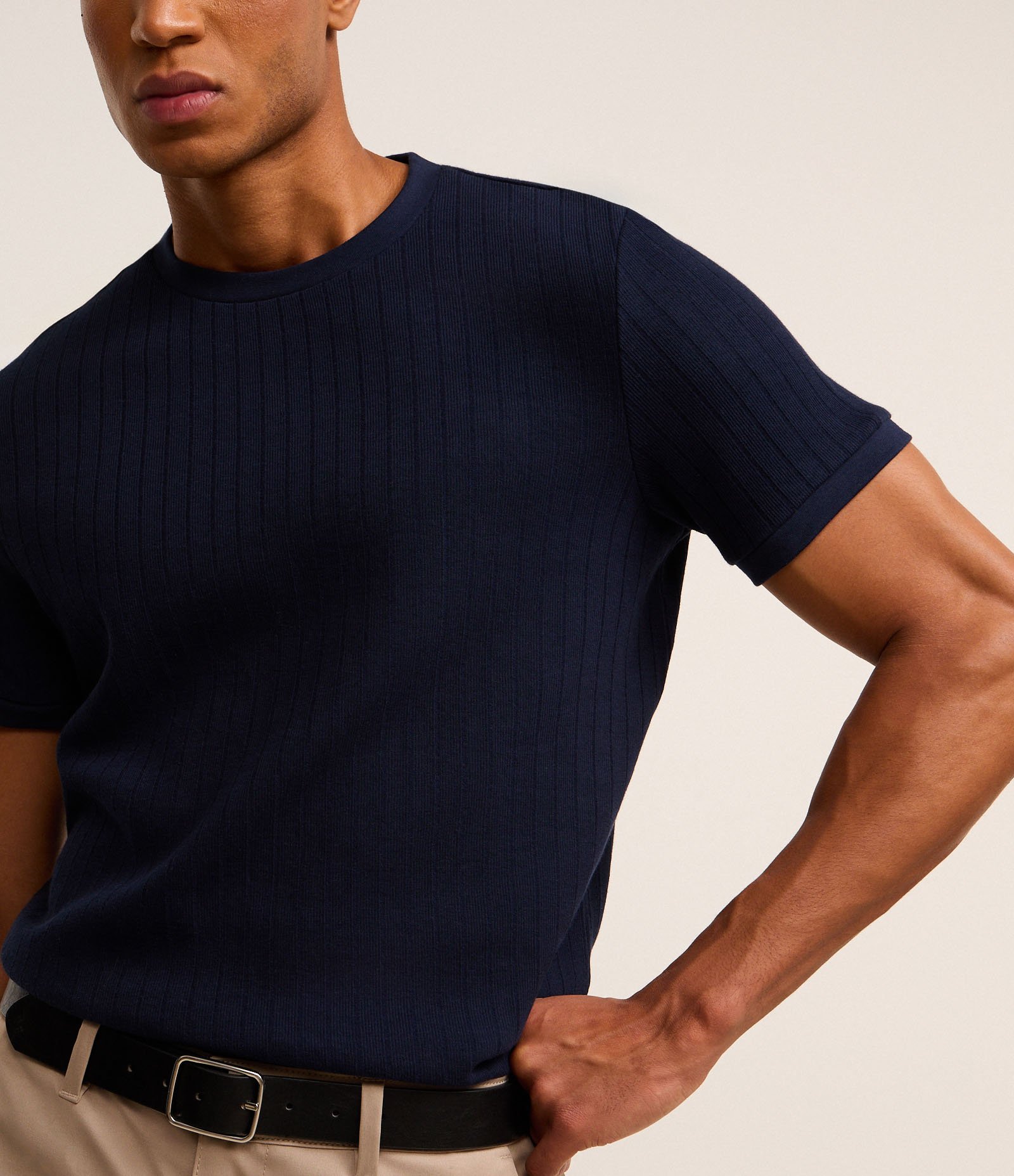 Camiseta Slim em Algodão com Textura Canelada Azul 3