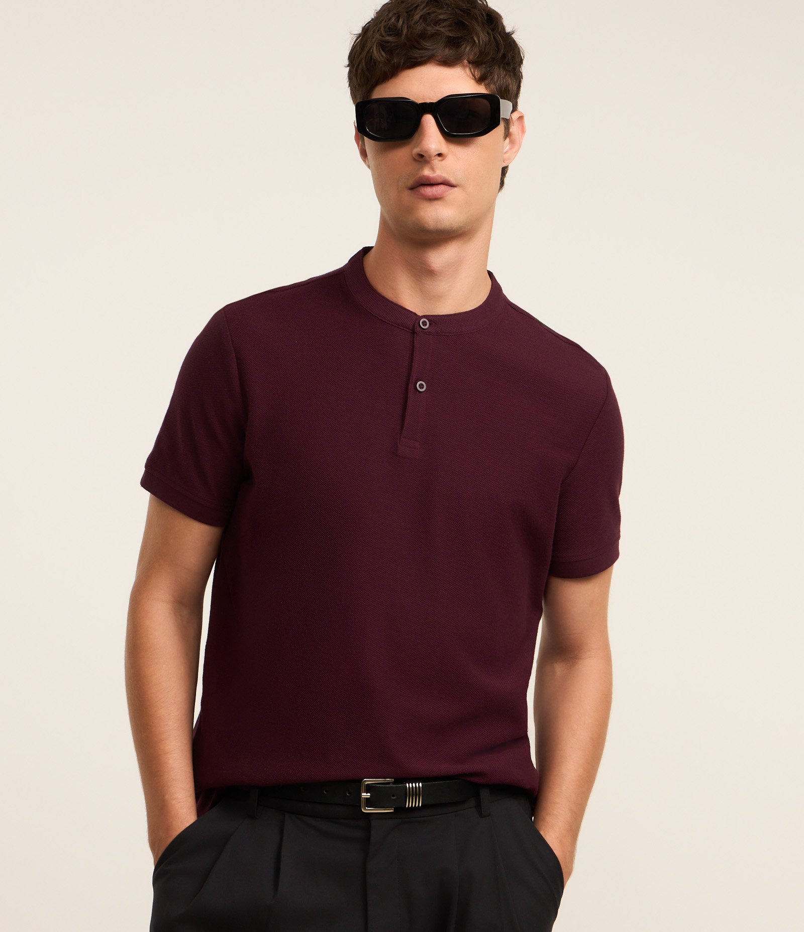 Camisa Polo Slim em Piquet Texturizado Roxo Escuro 1