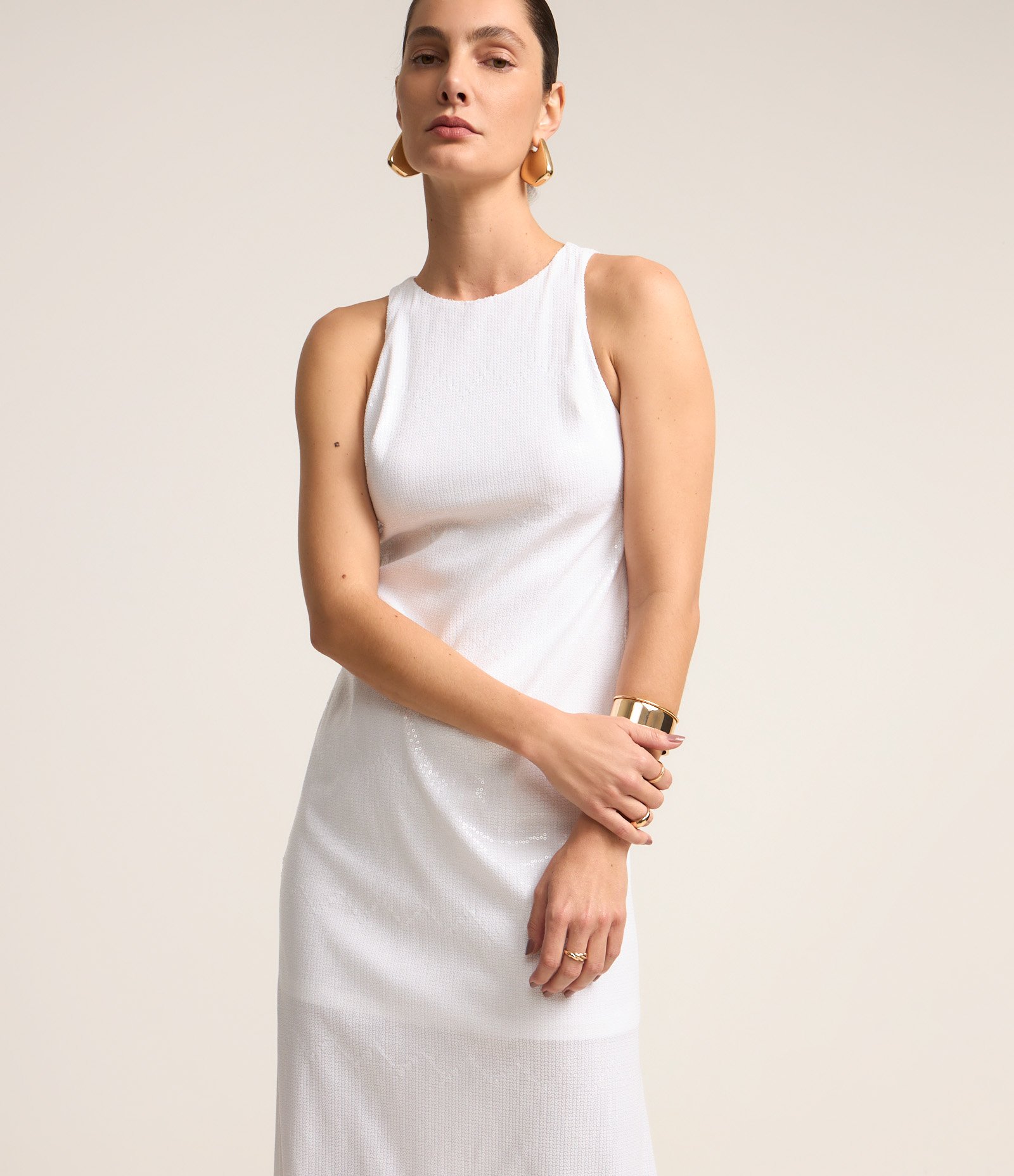 Vestido Longo em Paetê com Costas Abertas Branco 3