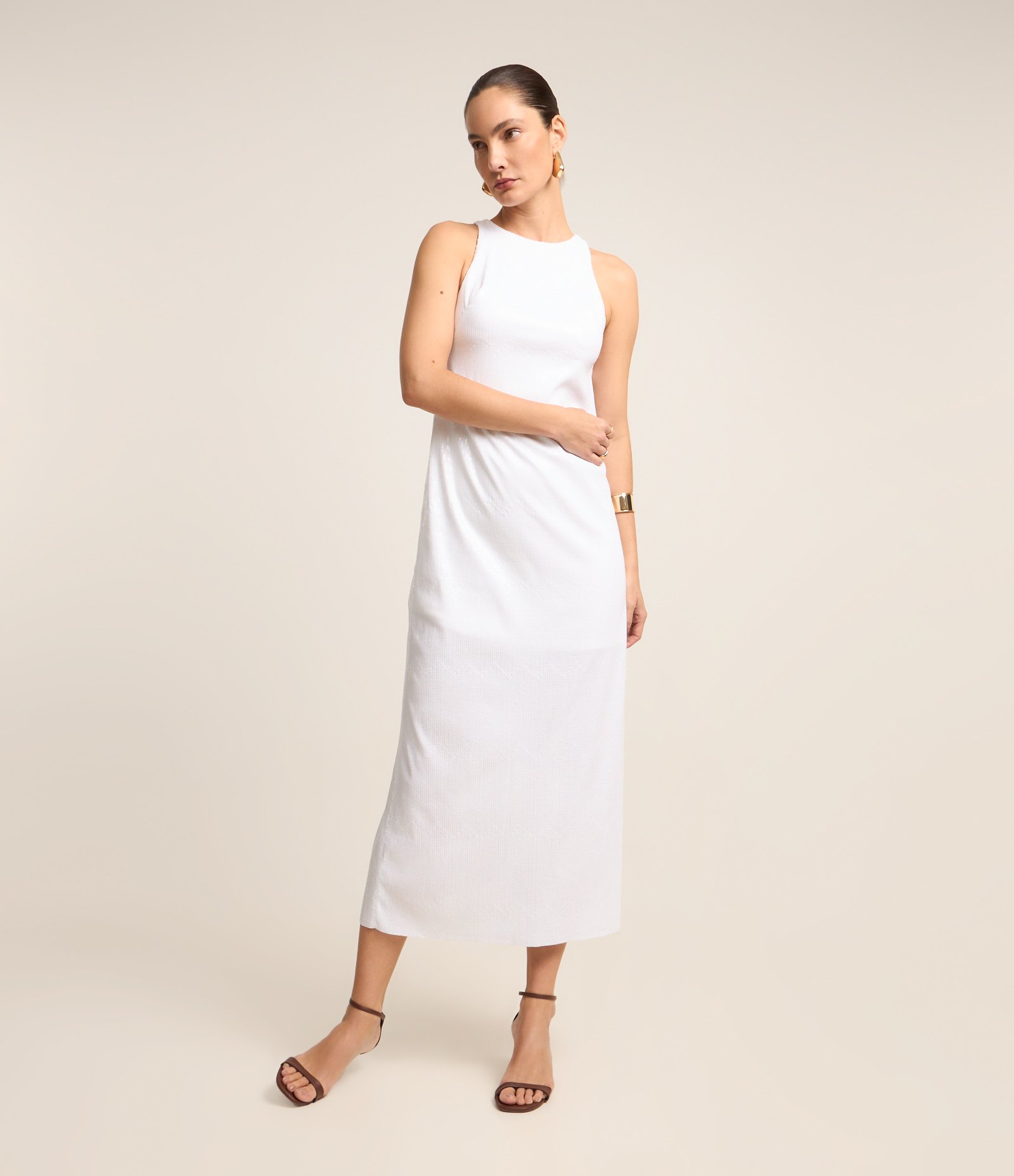 Vestido Longo em Paetê com Costas Abertas Branco 4