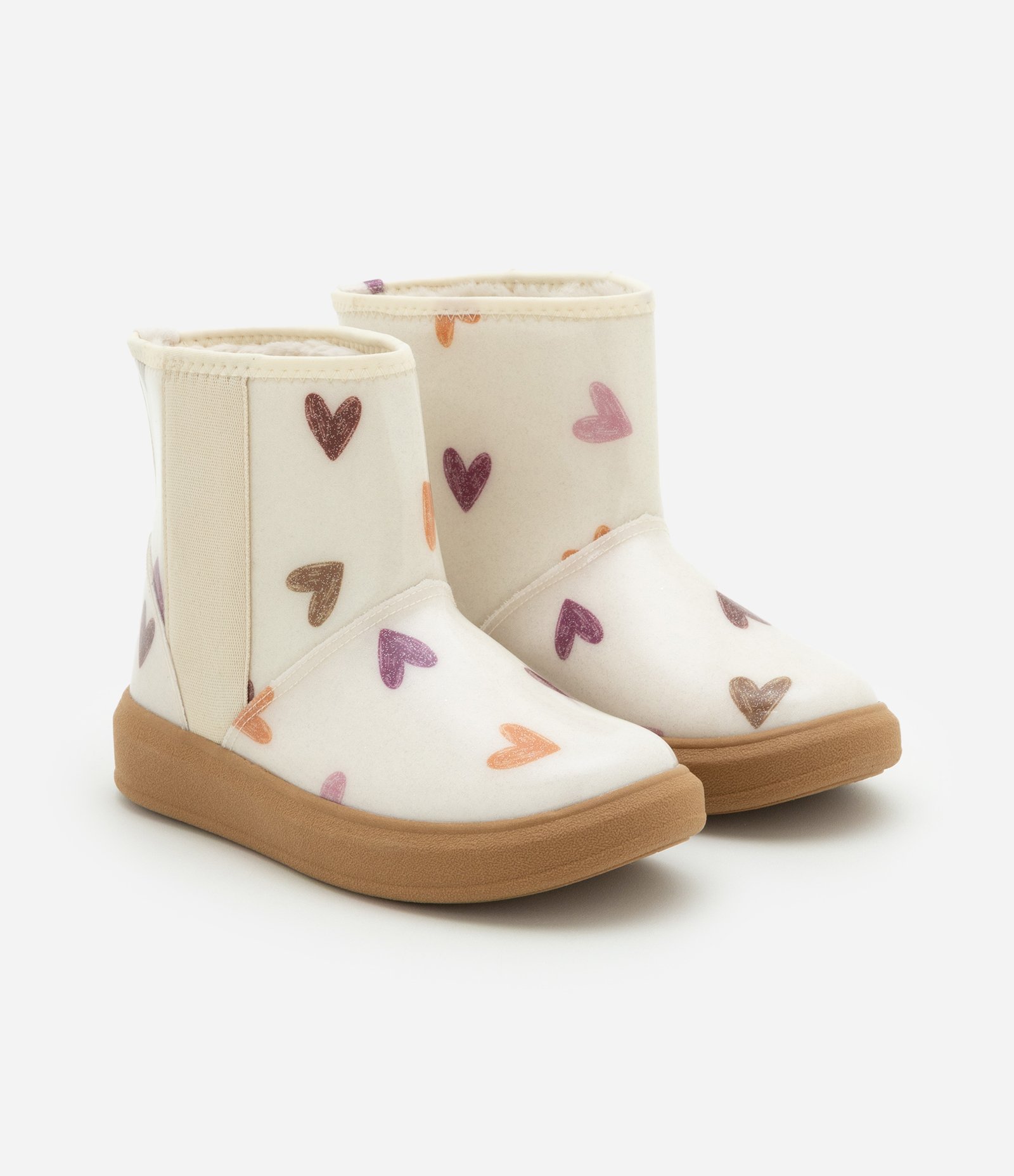 Bota Infantil com Forro Peludinho e Estampa Corações - Tam 28 a 36 Bege 1