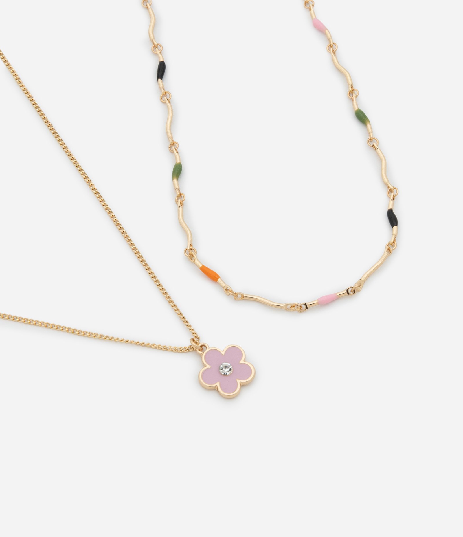 Colar Camadas com Detalhes Palitos Ondulados e Pingente de Flor Dourado 1