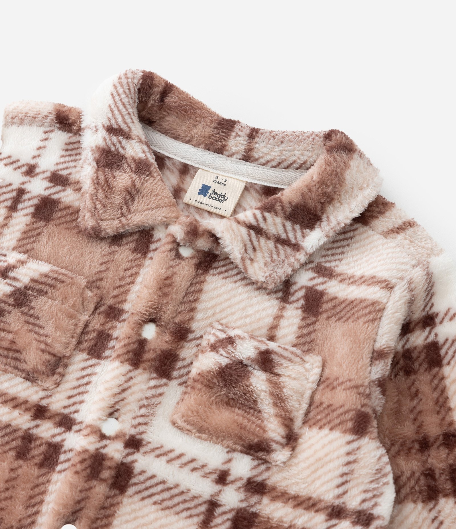 Jaqueta Infantil em Fleece com Estampa Xadrez e Bolsinhos - Tam 3 a 18 meses Marrom 6