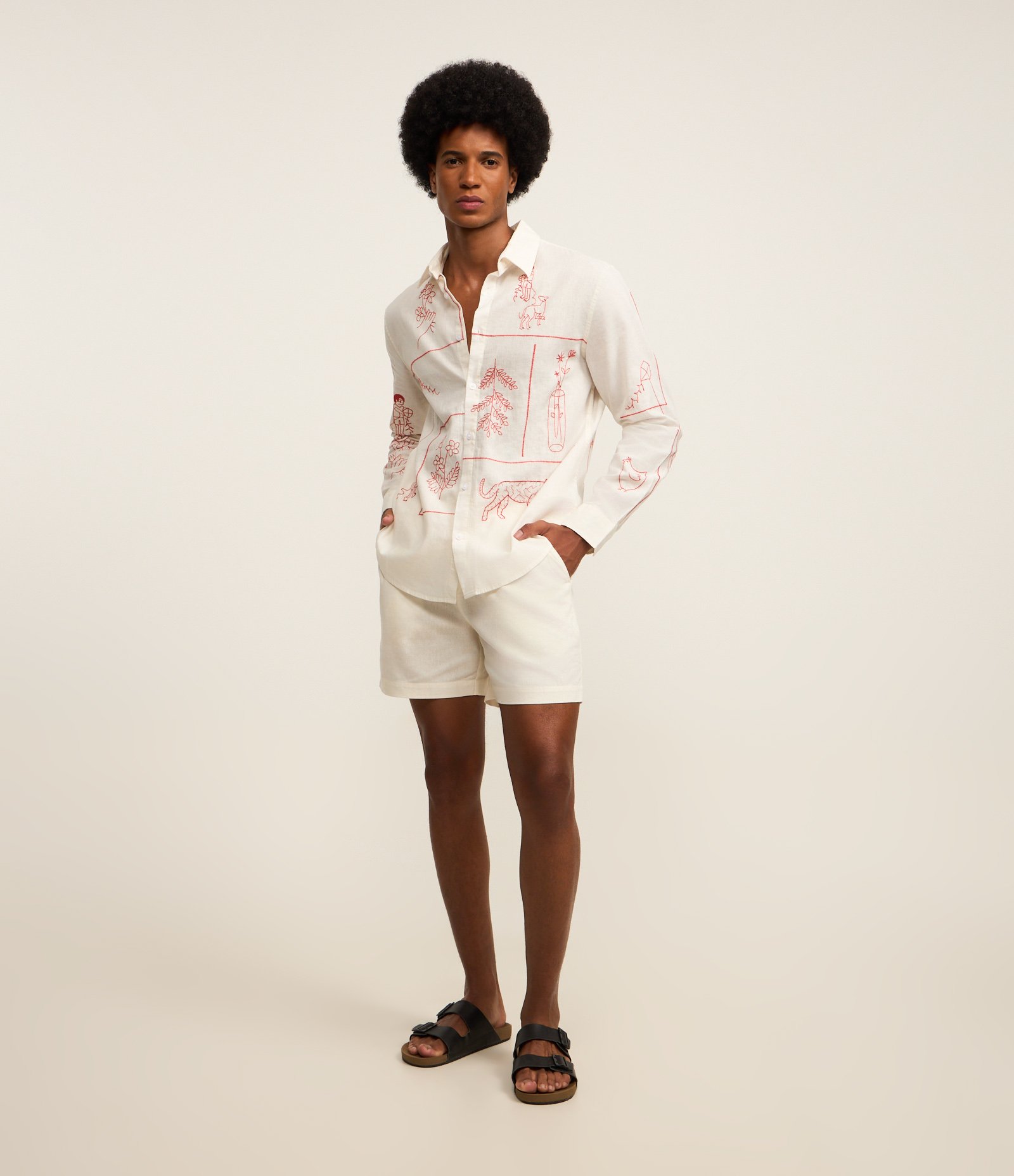 Camisa em Linho com Bordado Fino de Elementos da Natureza Branco 2