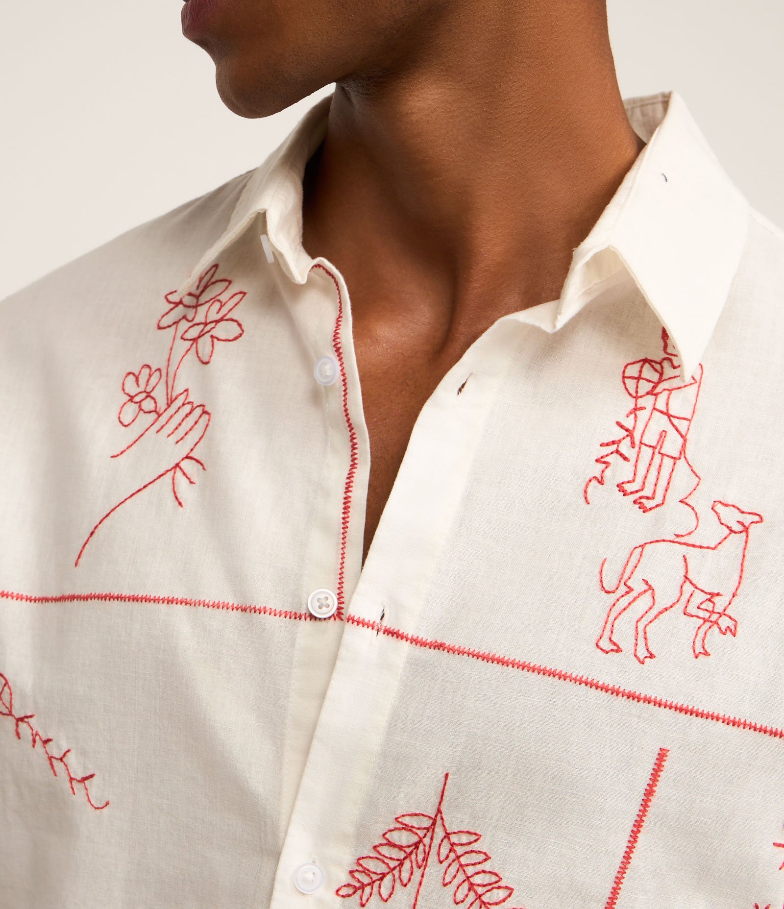 Camisa em Linho com Bordado Fino de Elementos da Natureza Branco 4