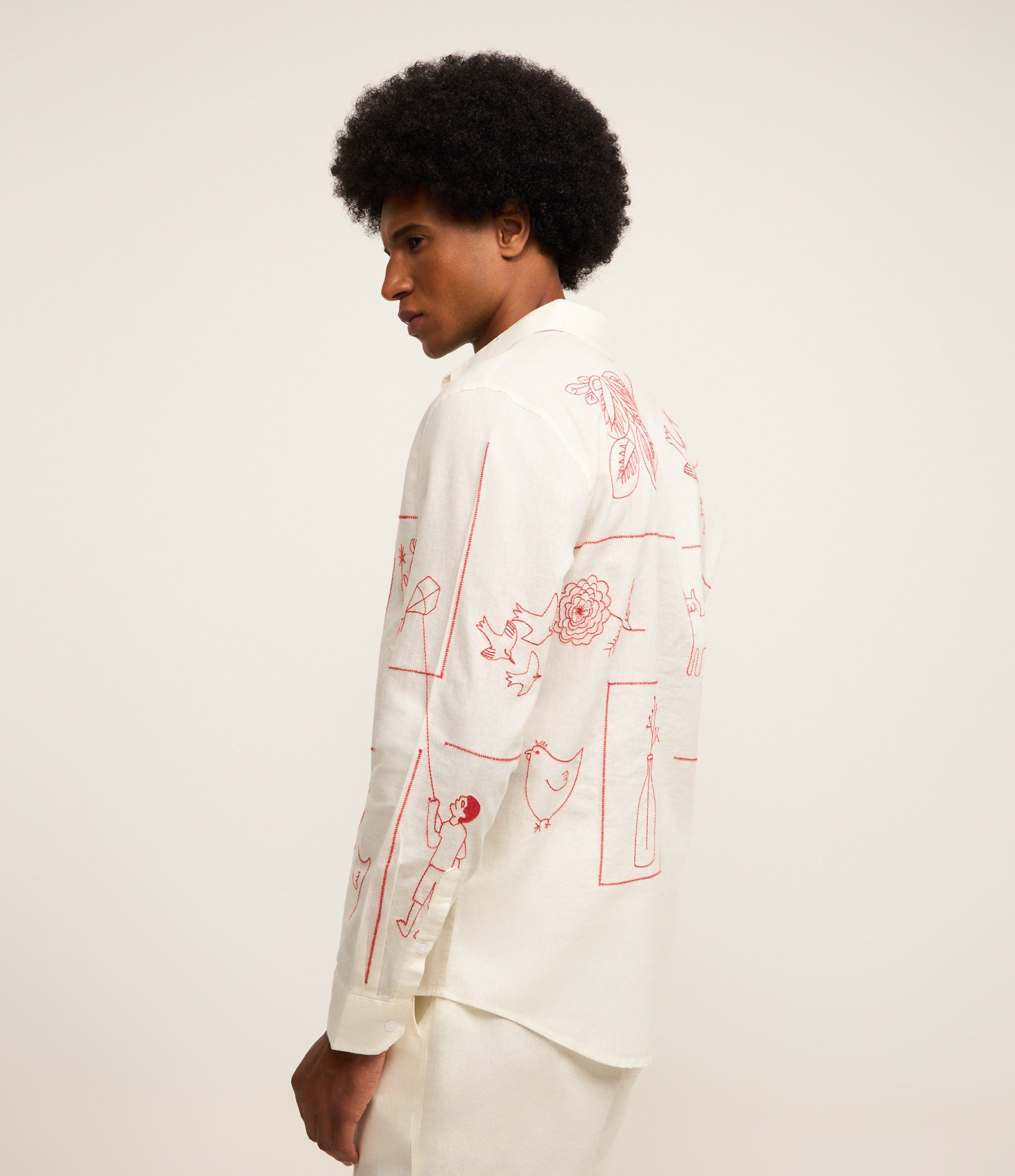 Camisa em Linho com Bordado Fino de Elementos da Natureza Branco 5