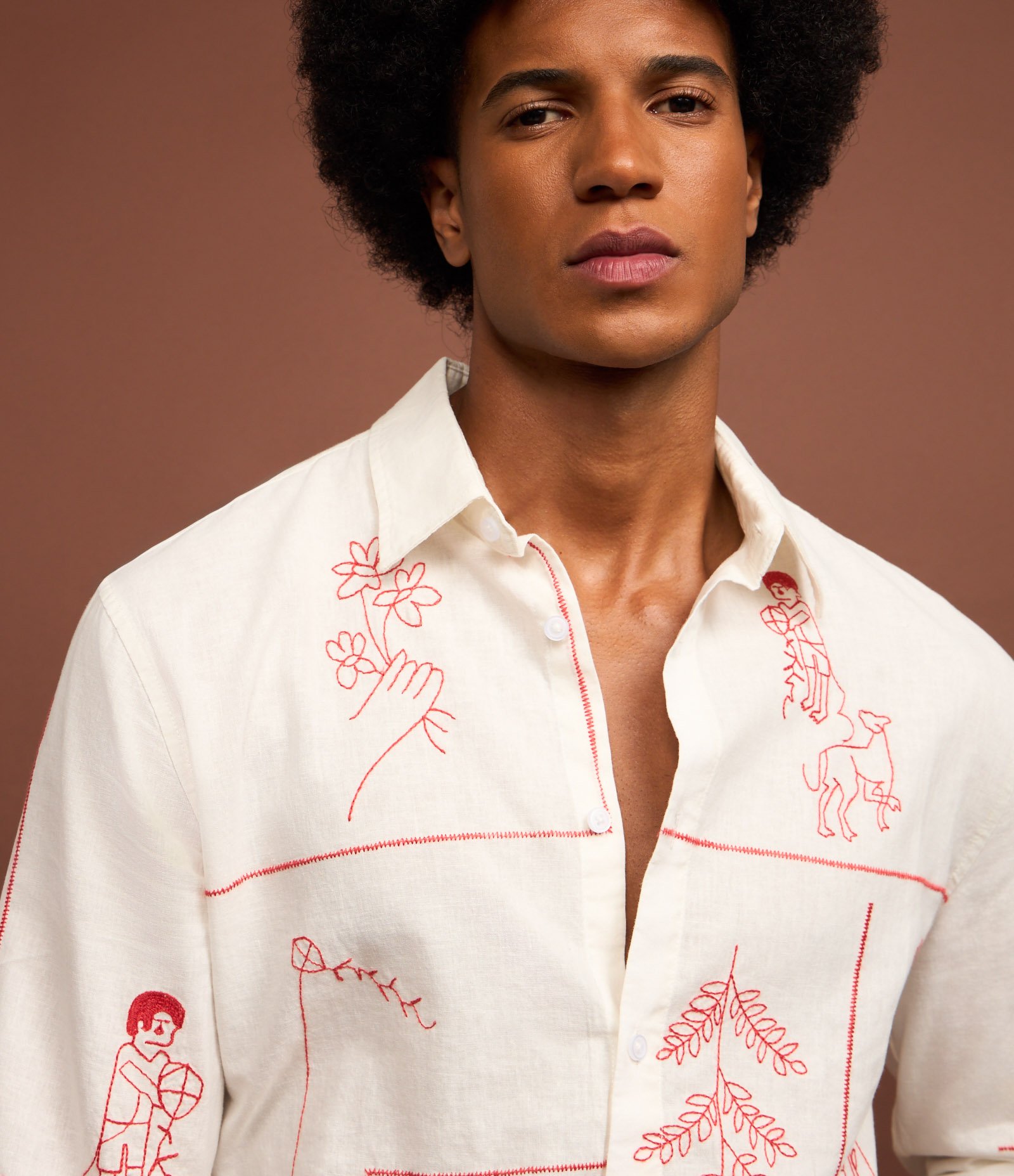 Camisa em Linho com Bordado Fino de Elementos da Natureza Branco 6