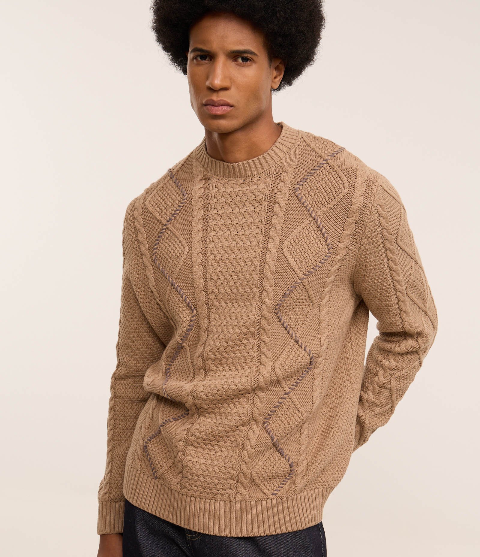 Suéter em Algodão com Textura e Detalhe Manual Marrom 1