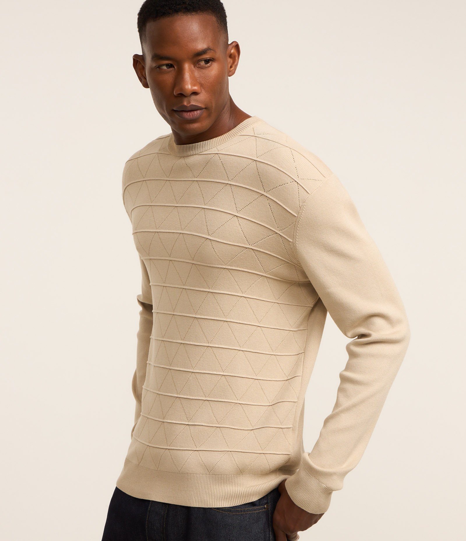 Suéter Regular em Tricô com Gola Redonda Bege 1