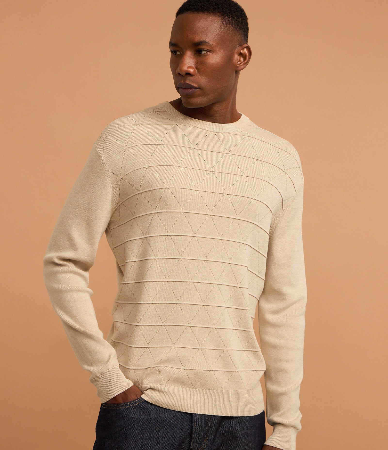 Suéter Regular em Tricô com Gola Redonda Bege 5