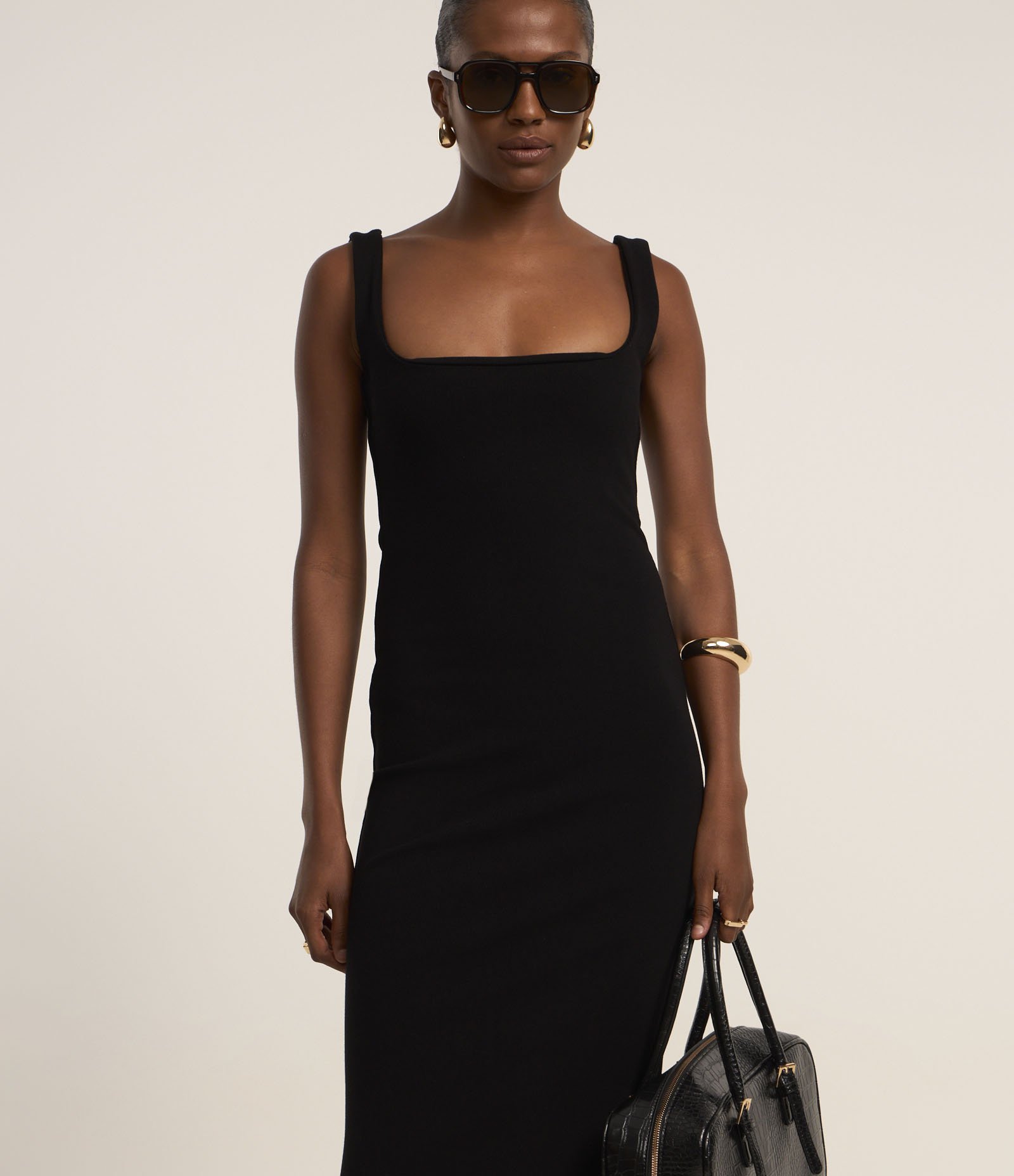 Vestido Midi em Ribana com Decote Quadrado Preto 2