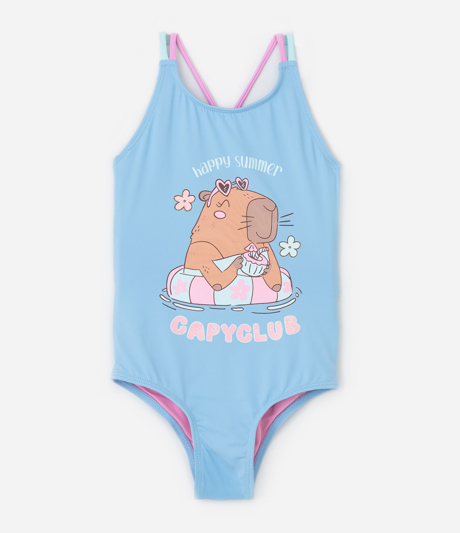 Maiô Infantil com Alça Fina Transpassada e Estampa Capivara Club - Tam 4 a 10 Anos Azul 1