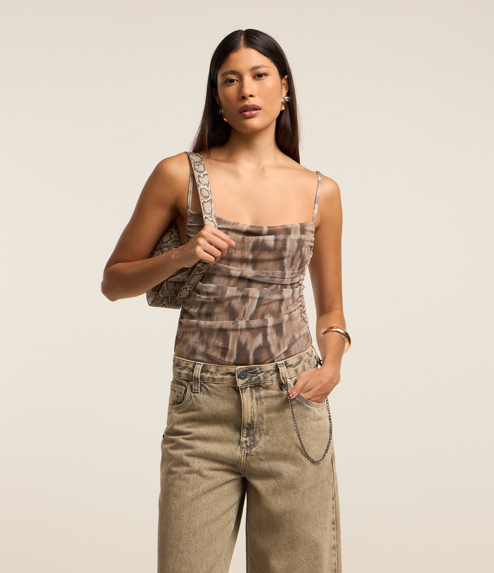 Body em Tule Animal Print e Alcinhas Finas Marrom 1